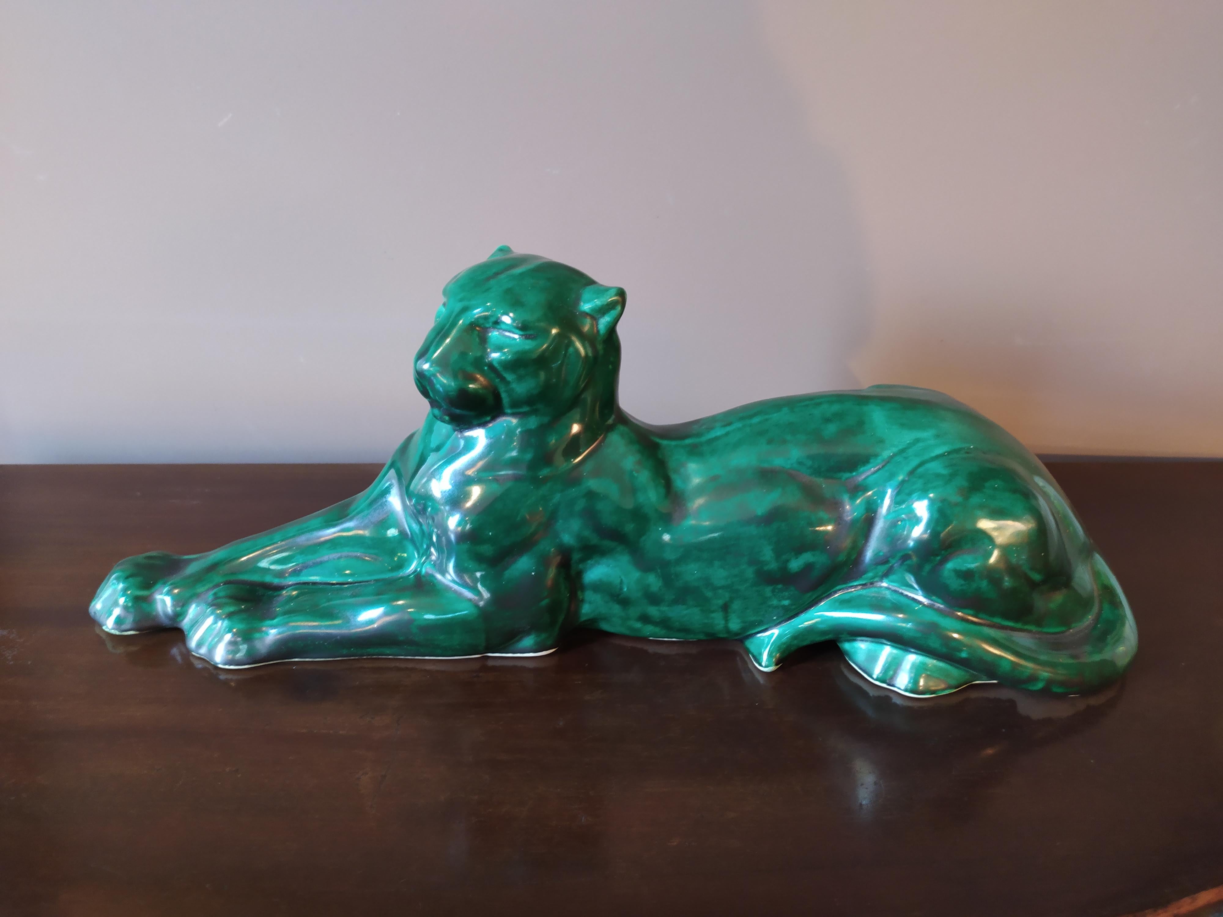 Ceramic Art Deco Green French Panther
