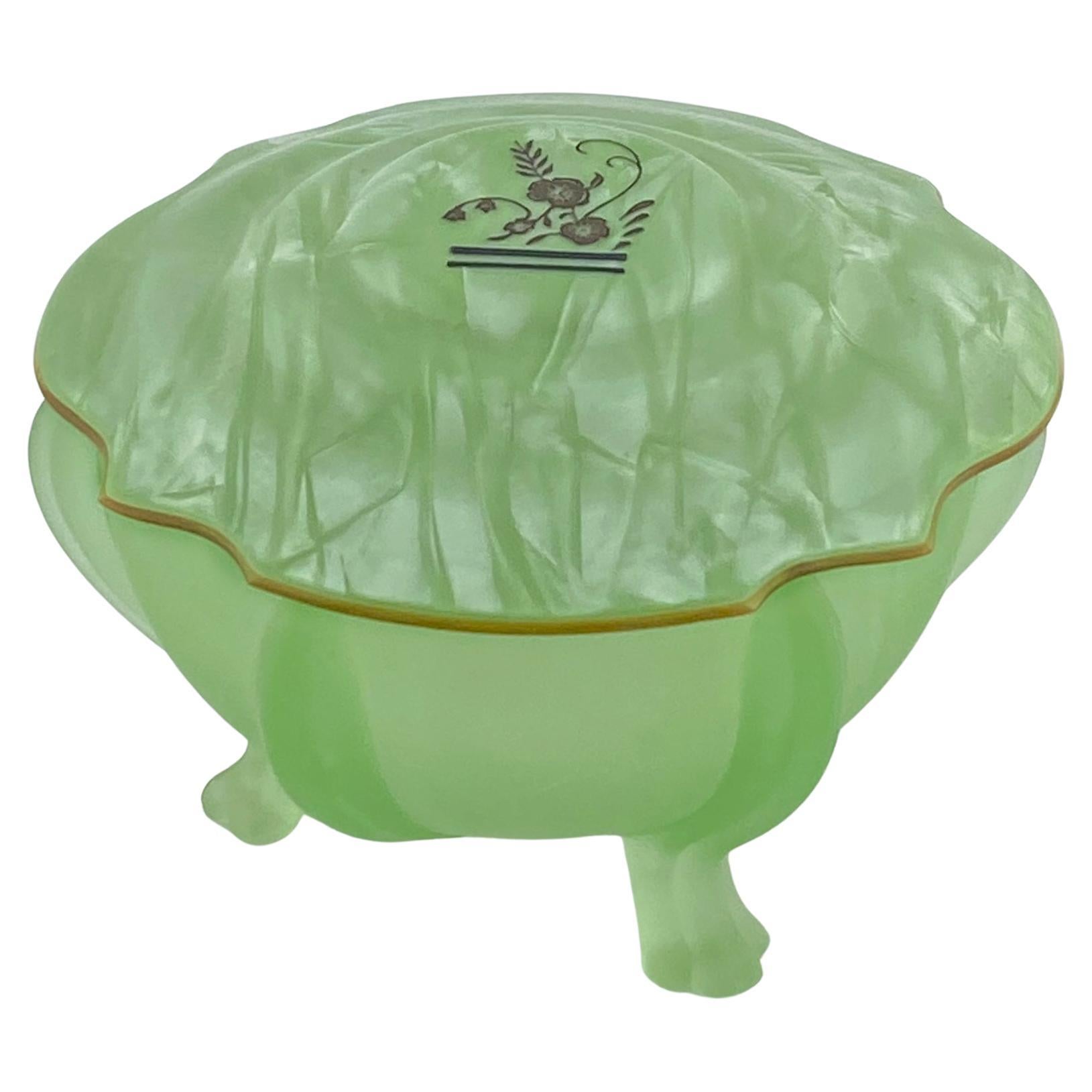 Art Deco Green Glass Bath Powder Box, Celluloid Lid, 1930s Vintage