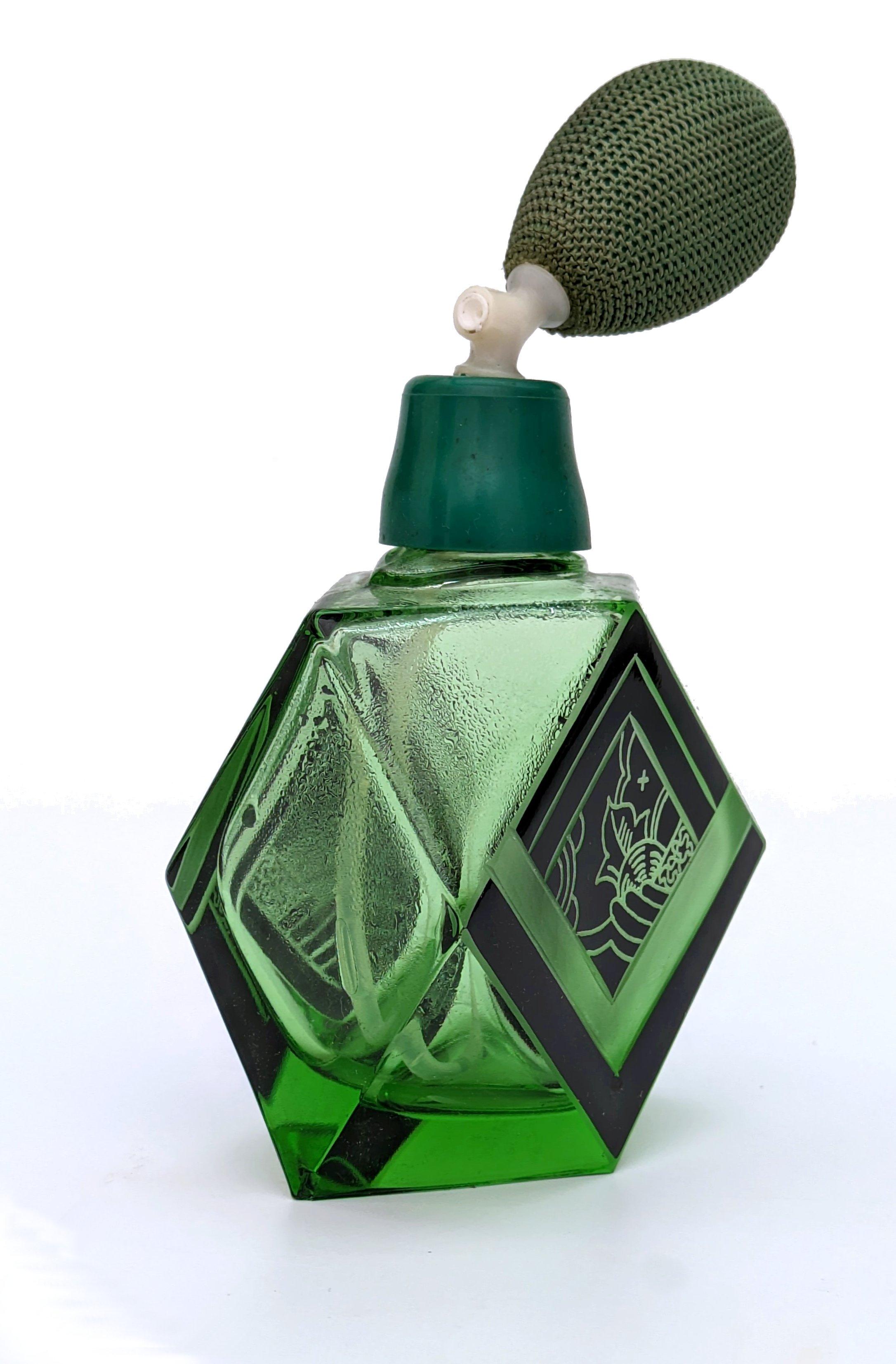 Frasco de perfume Art Déco de vidrio verde y esmalte negro de Karl Palda, c1930 Checo en venta