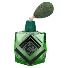 Art Deco Green Glass & Black Enamel Perfume Bottle By Karl Palda, c1930