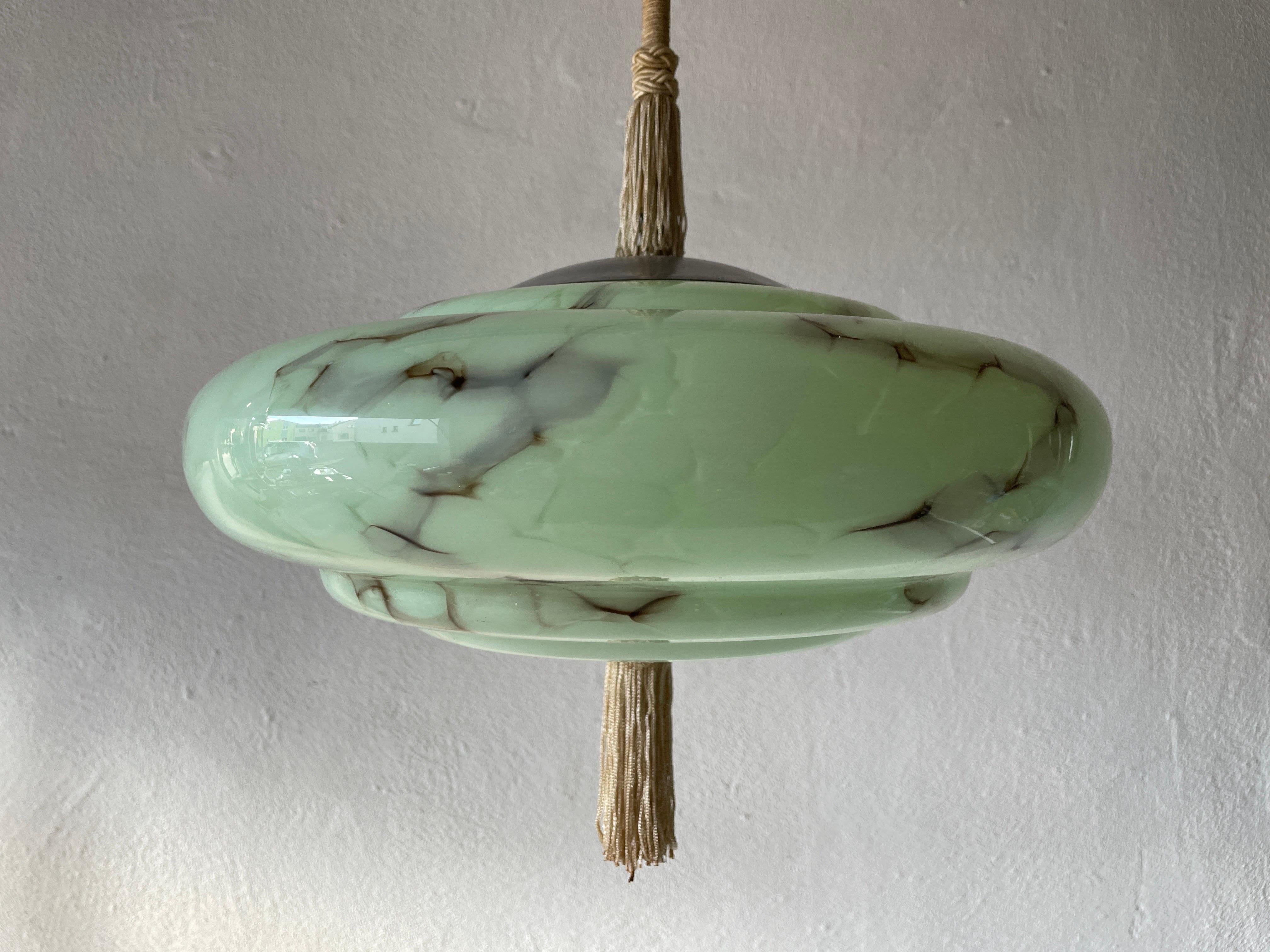 Art Deco Green Glass Ceiling Lamp, 1940s, Germany In Excellent Condition In Hagenbach, DE