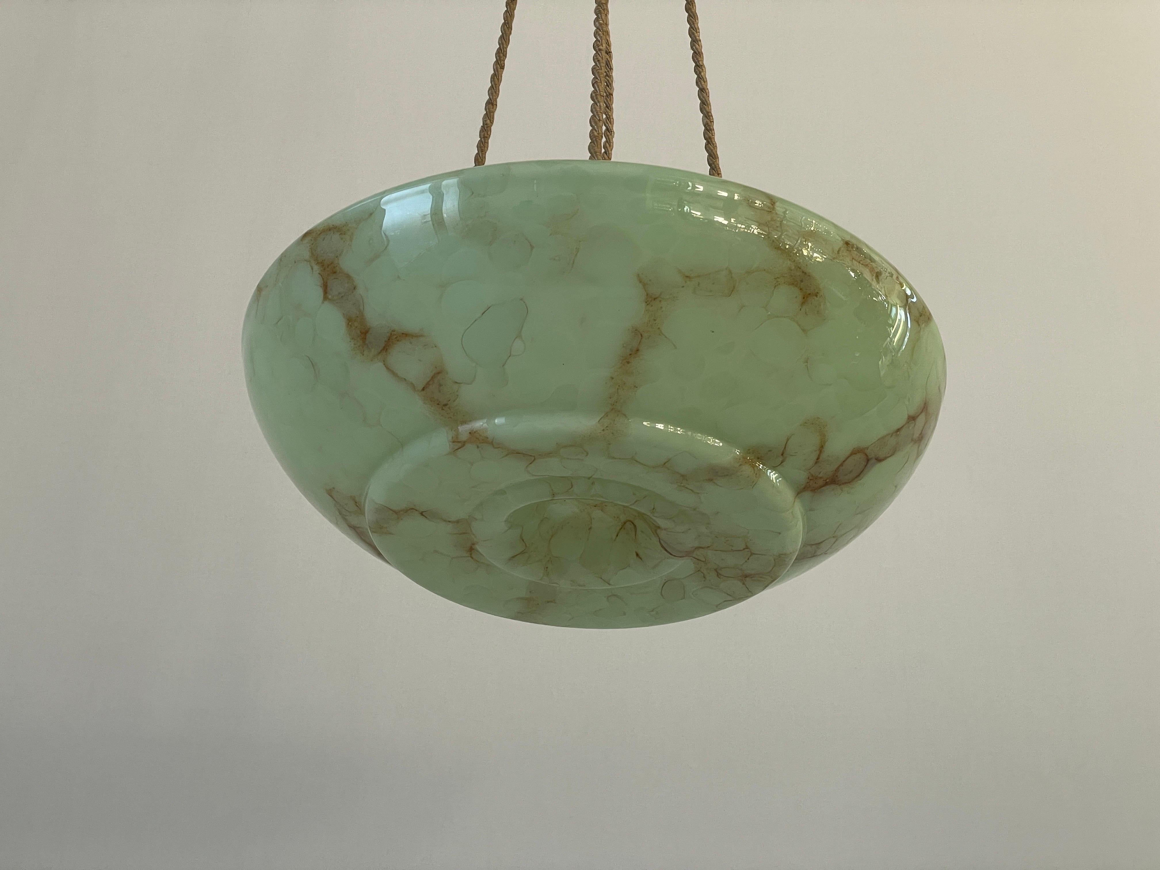 Laiton Art Deco Green Glass Ceiling Lamp, 1940s, Germany en vente