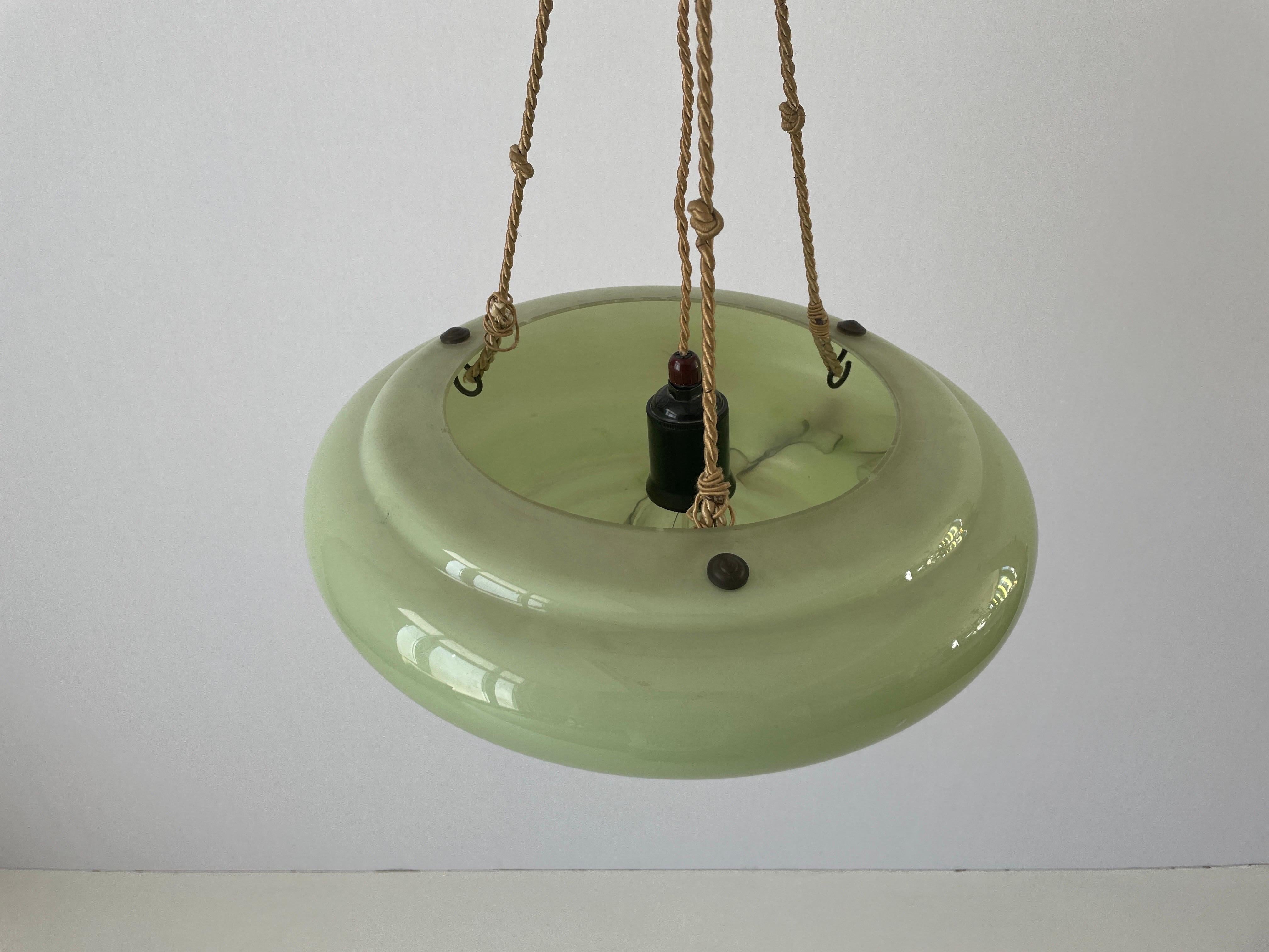 Brass Art Deco Green Glass Ceiling Lamp, 1950s, Germany