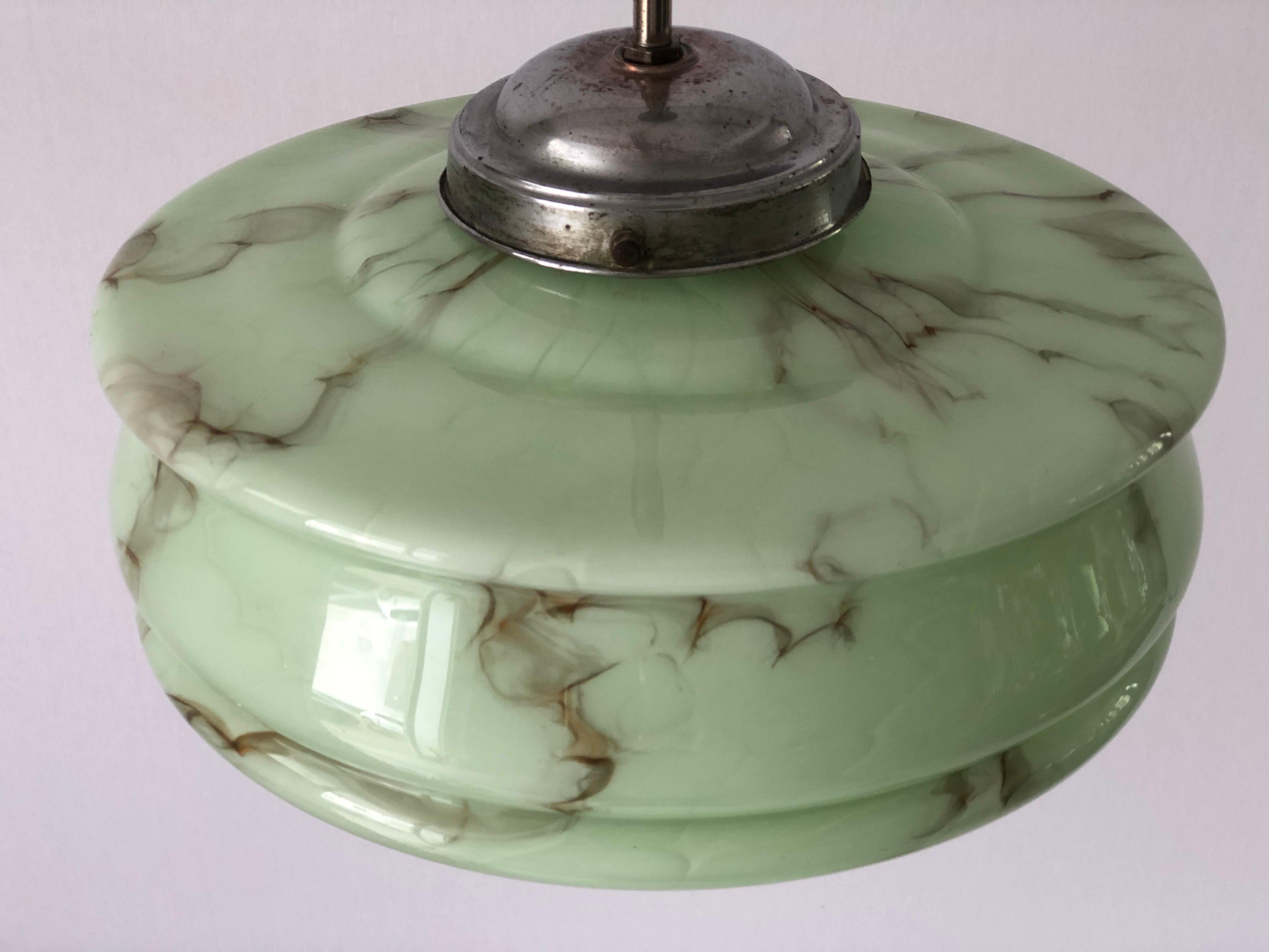Art Deco Green Glass Ceiling Lamp by VEB Leuchten, 1940s, Germany In Excellent Condition For Sale In Hagenbach, DE