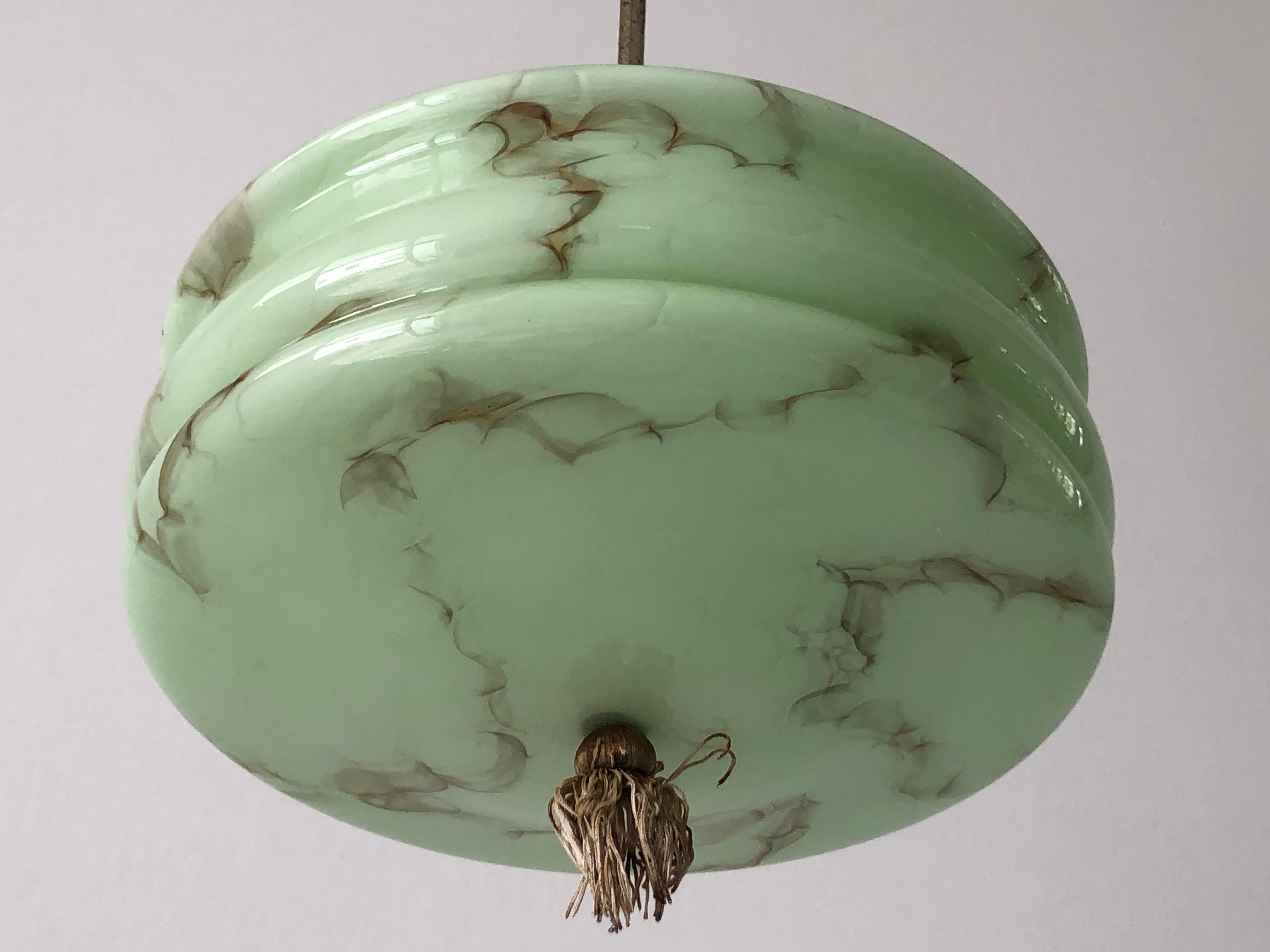 Art Deco Green Glass Ceiling Lamp by VEB Leuchten, 1940s, Germany For Sale 1