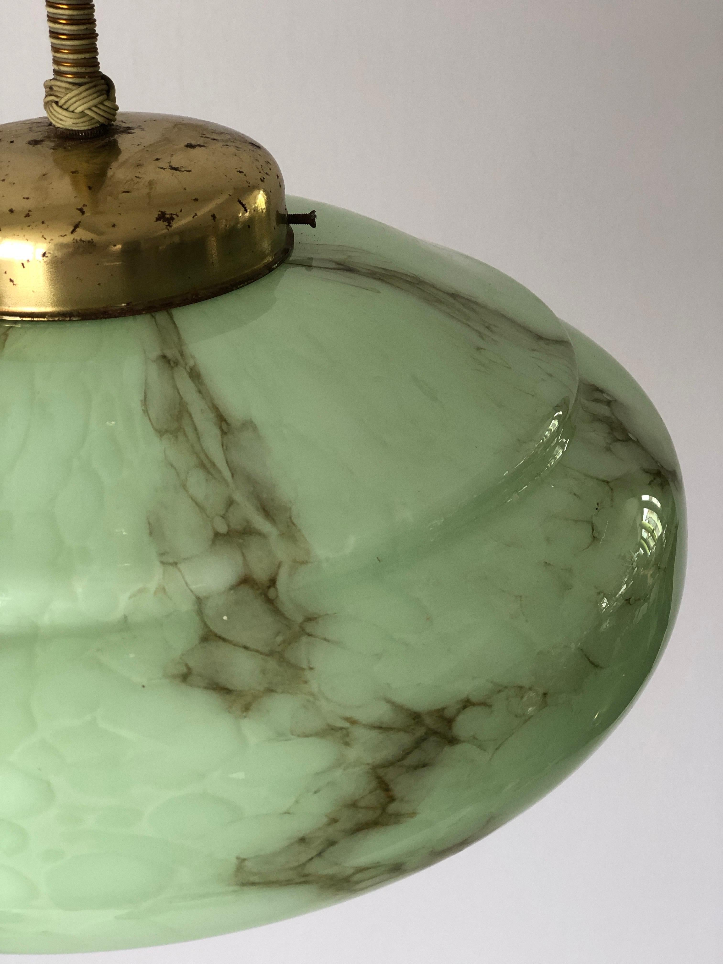 Brass Art Deco Green Glass Ceiling Lamp by VEB Leuchten, 1940s, Germany For Sale