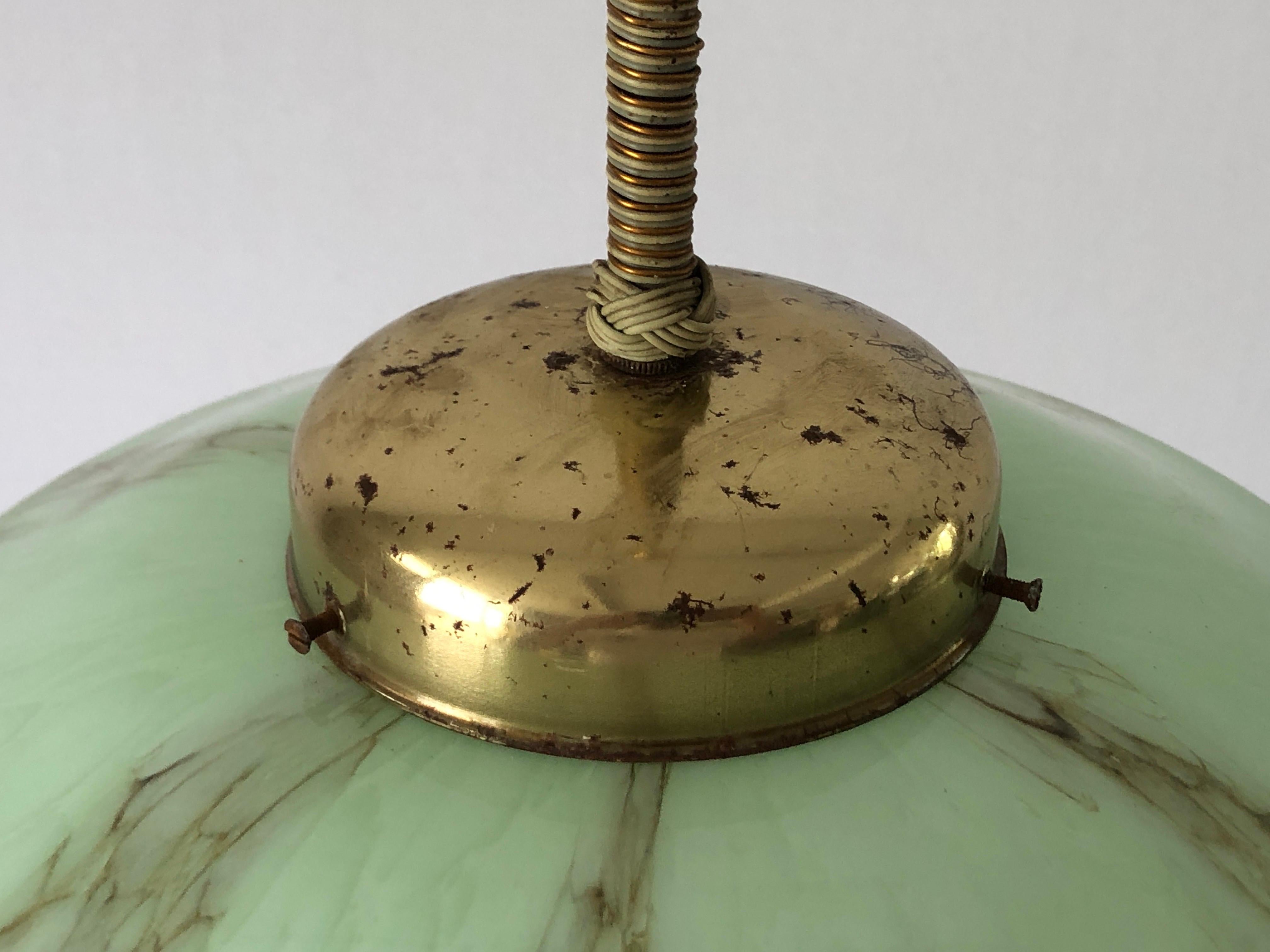 Art Deco Green Glass Ceiling Lamp by VEB Leuchten, 1940s, Germany For Sale 1