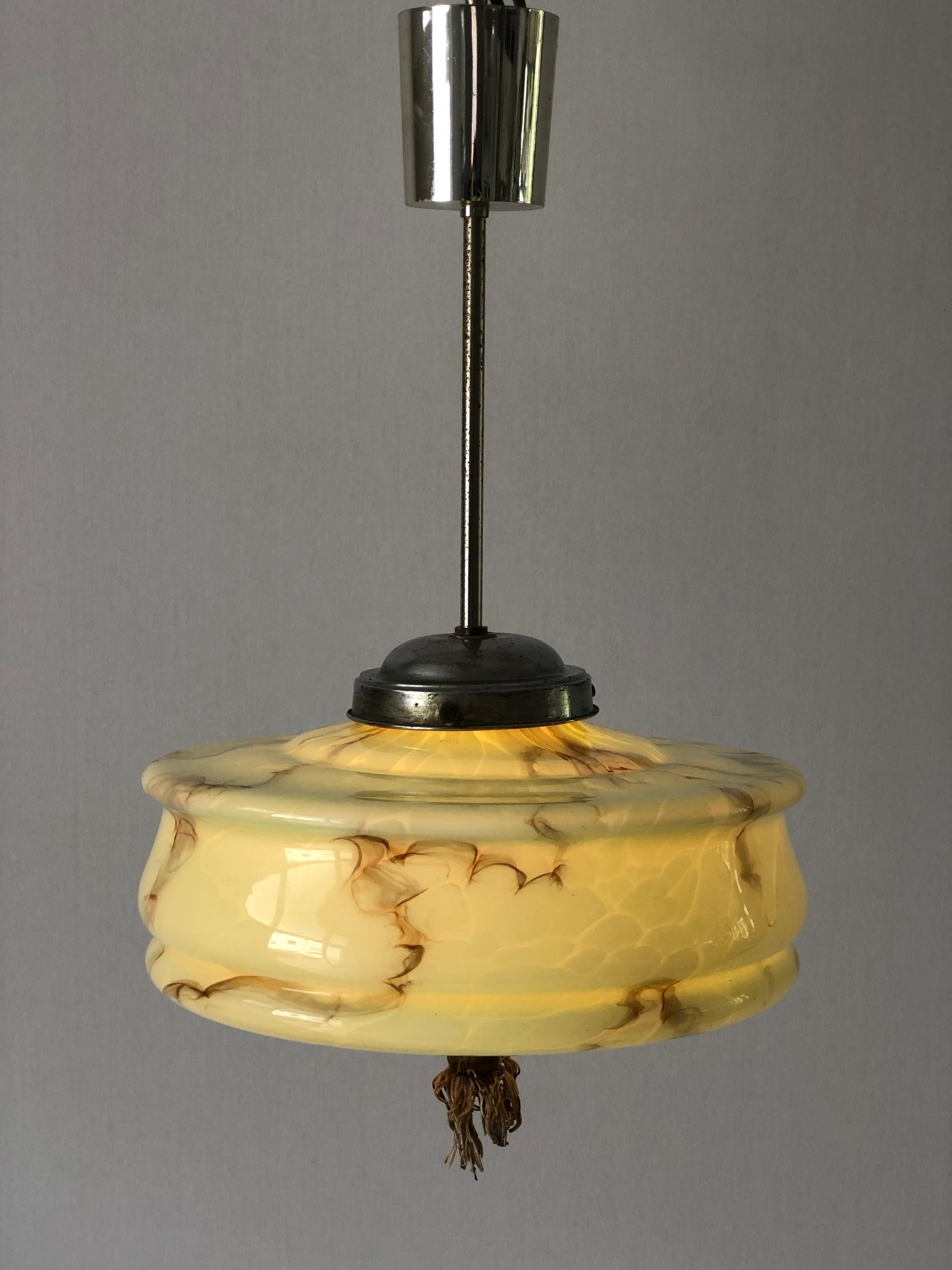 Art Deco Green Glass Ceiling Lamp by VEB Leuchten, 1940s, Germany For Sale 3