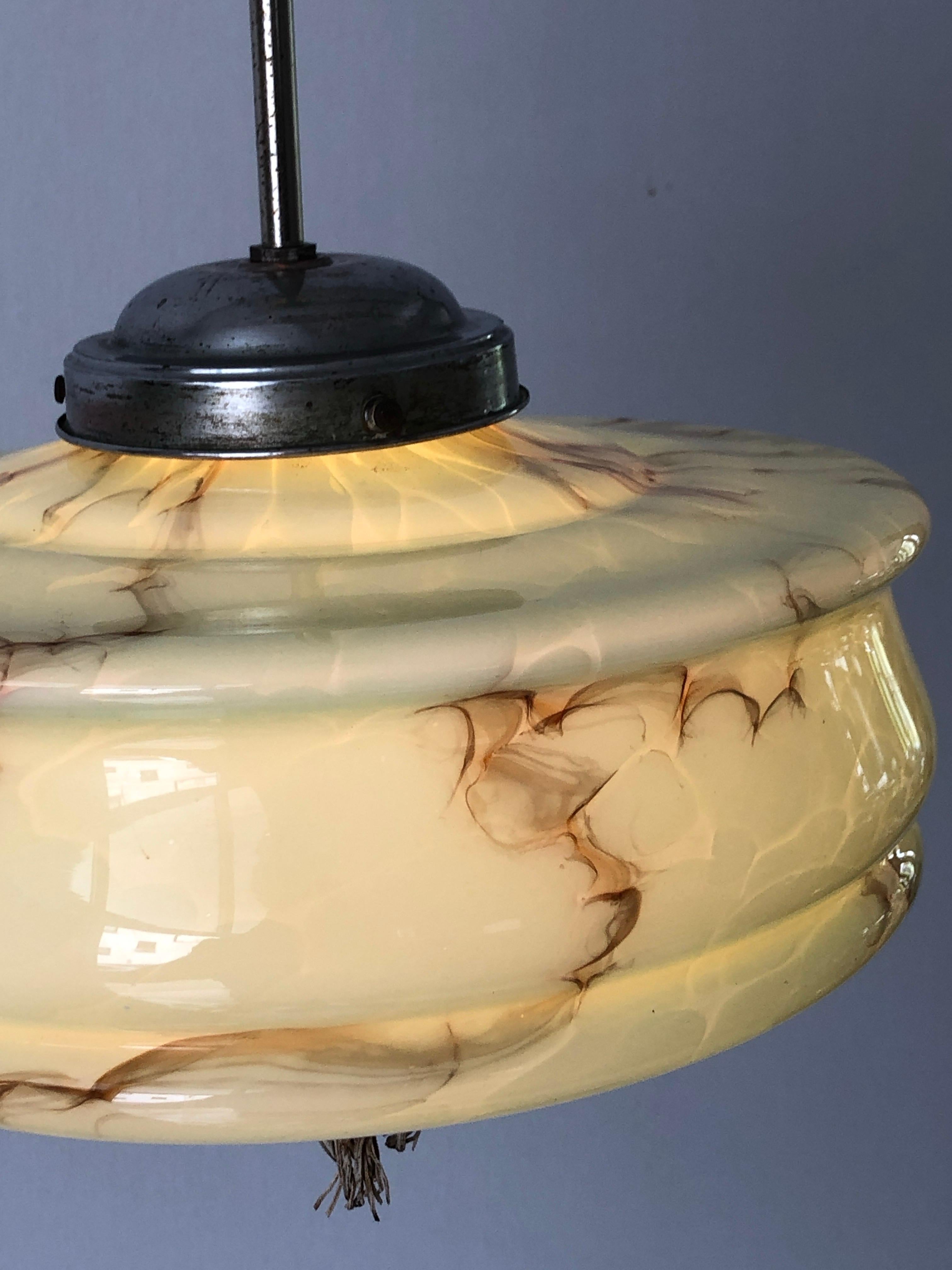 Art Deco Green Glass Ceiling Lamp by VEB Leuchten, 1940s, Germany For Sale 4