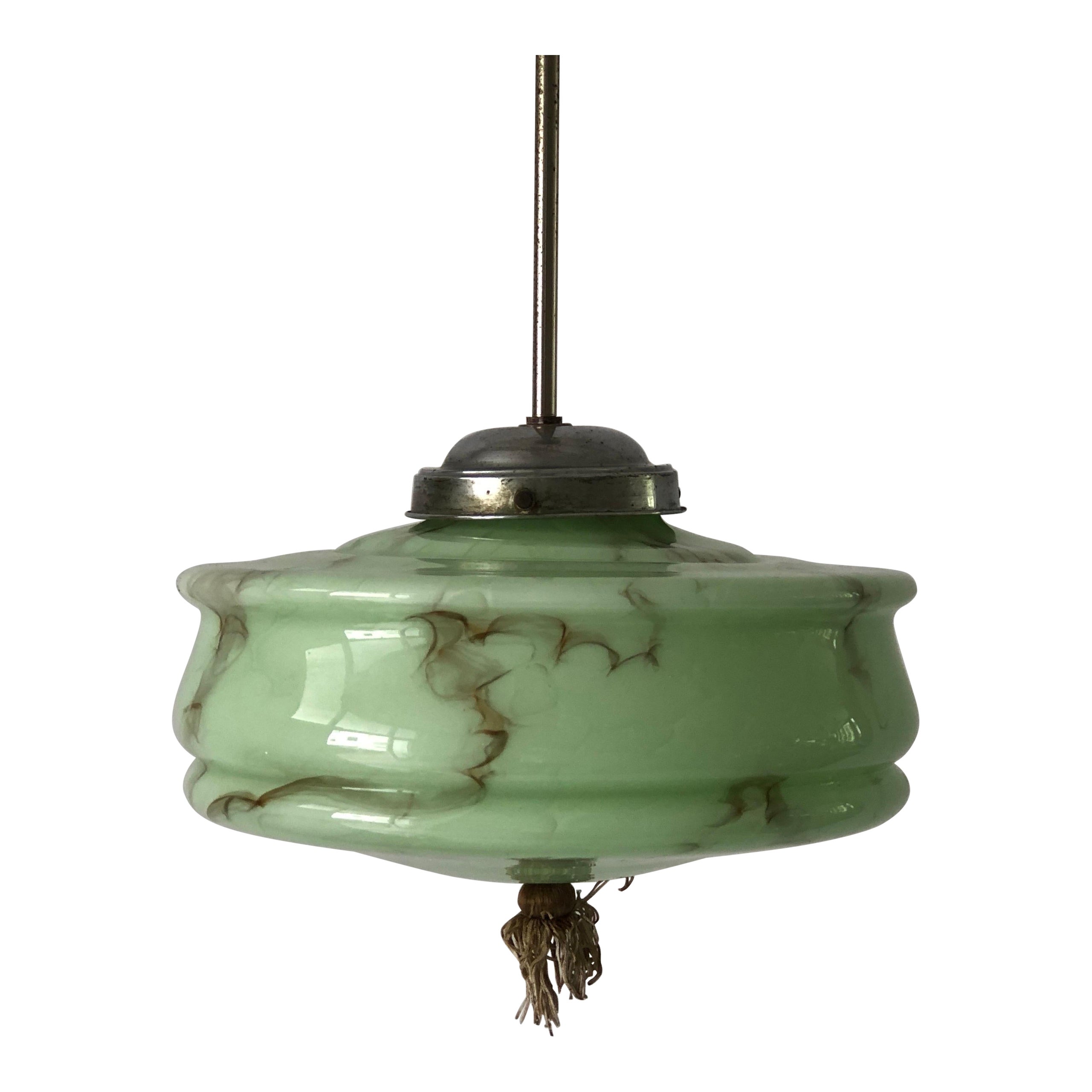 Art Deco Green Glass Ceiling Lamp by VEB Leuchten, 1940s, Germany For Sale
