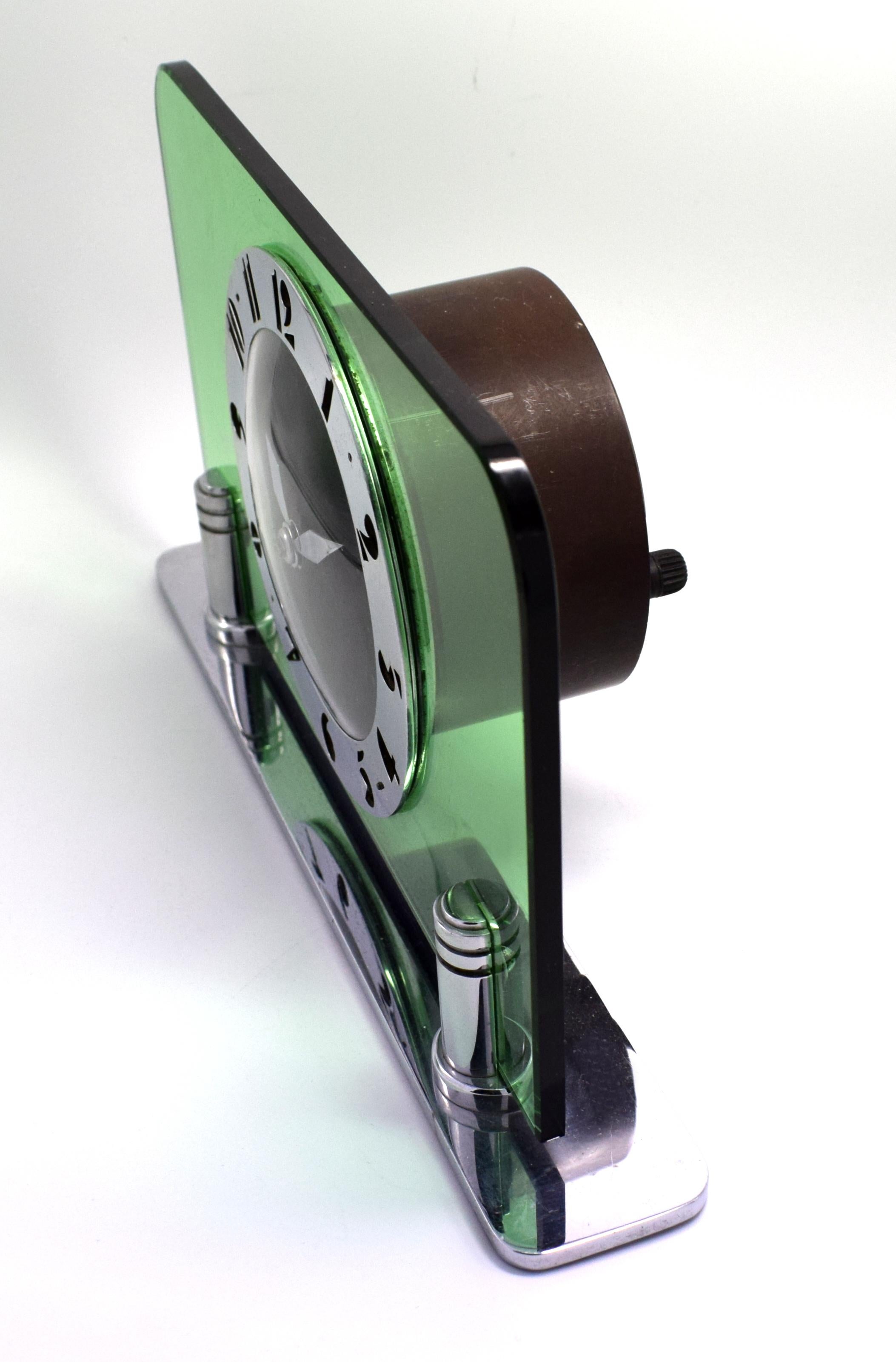 Art Deco Green Glass & Chrome Electric Clock by Smiths, circa 1930 2