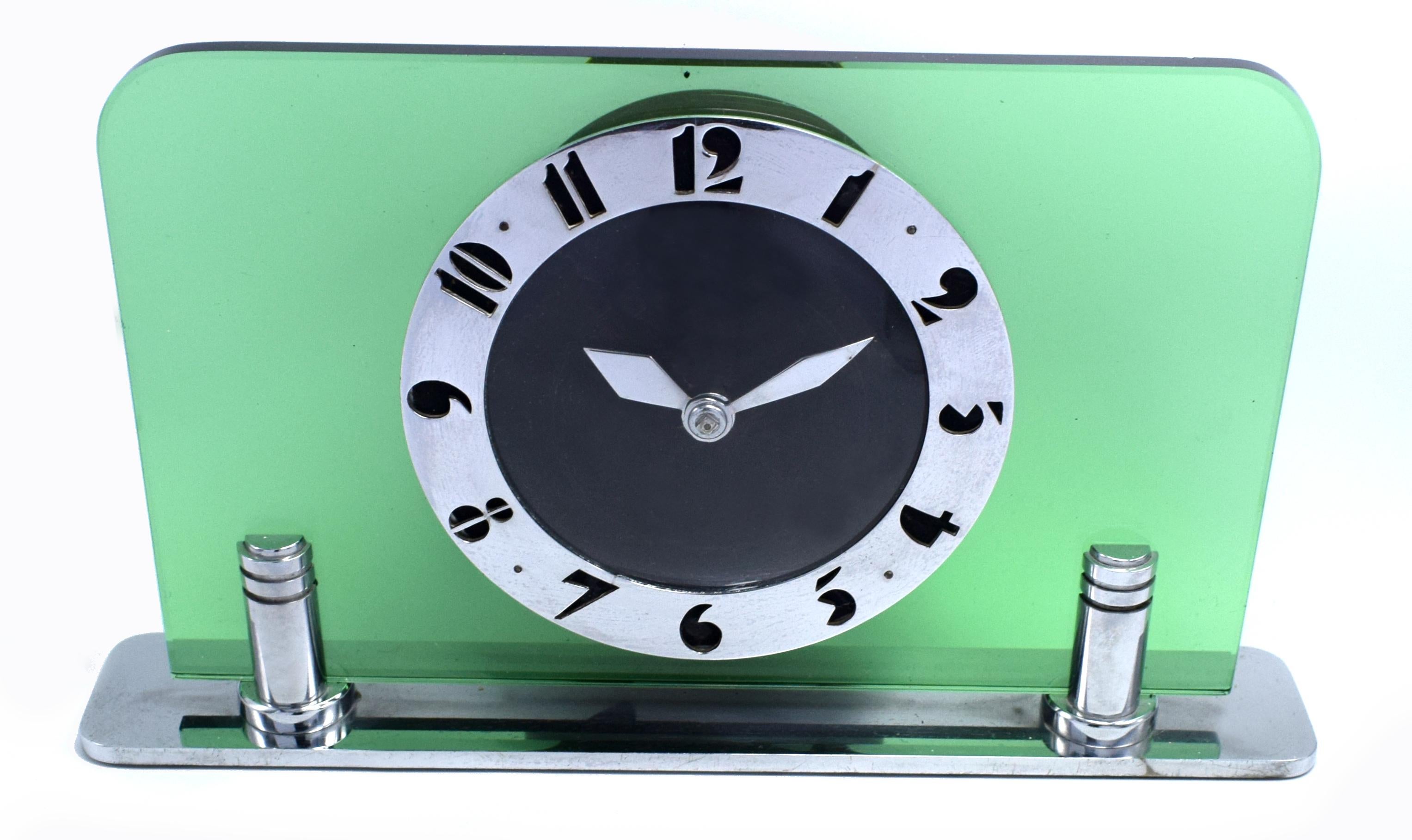 Art Deco Green Glass & Chrome Electric Clock by Smiths, circa 1930 3
