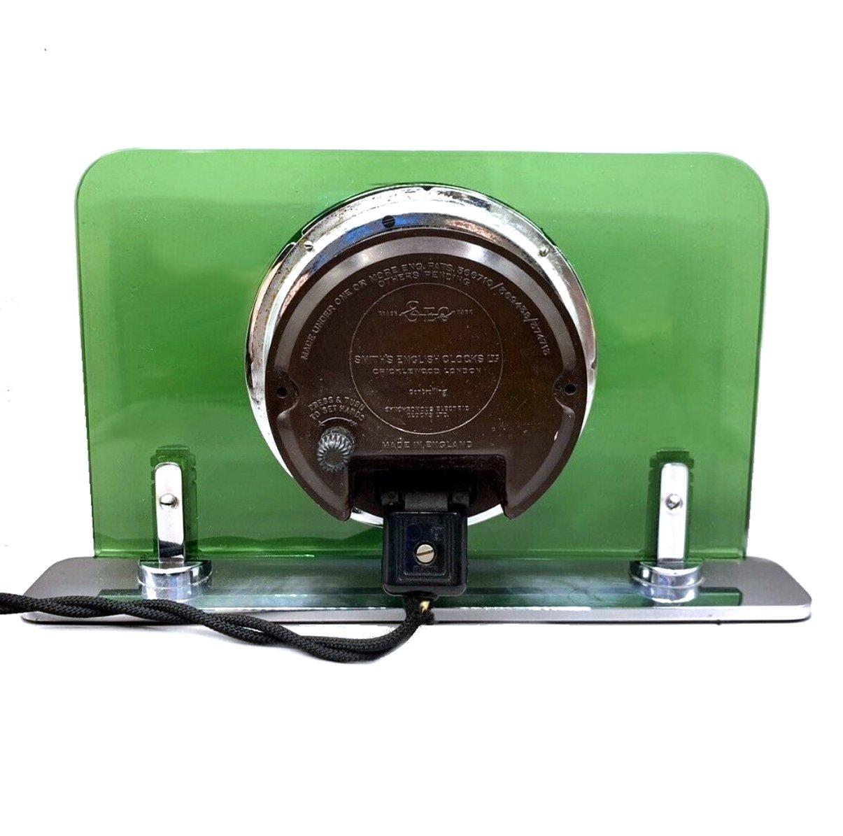 Art Deco Green Glass & Chrome Electric Clock by Smiths, circa 1930 In Good Condition In Devon, England