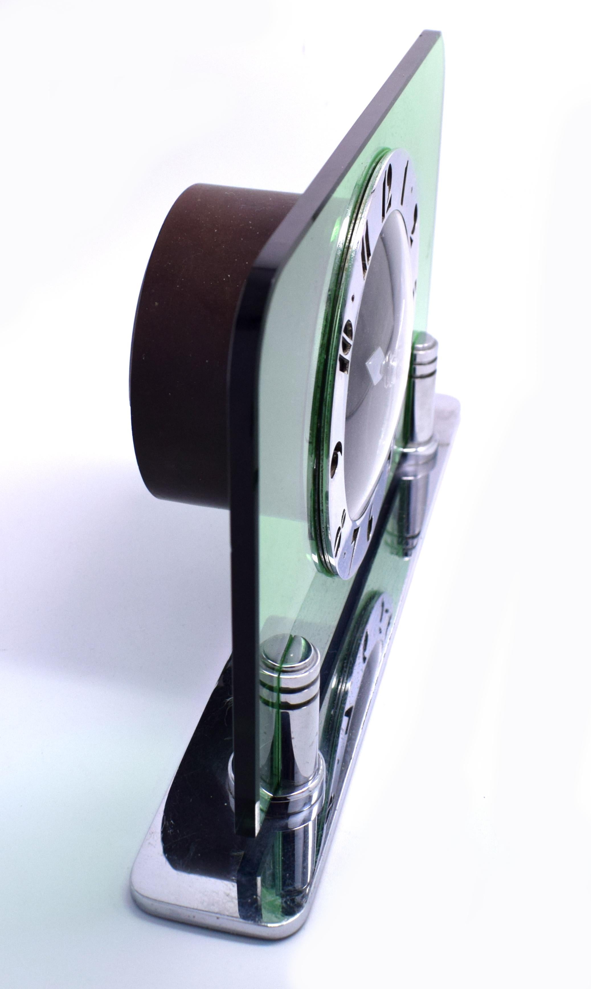 English Art Deco Green Glass & Chrome Electric Clock by Smiths, circa 1930