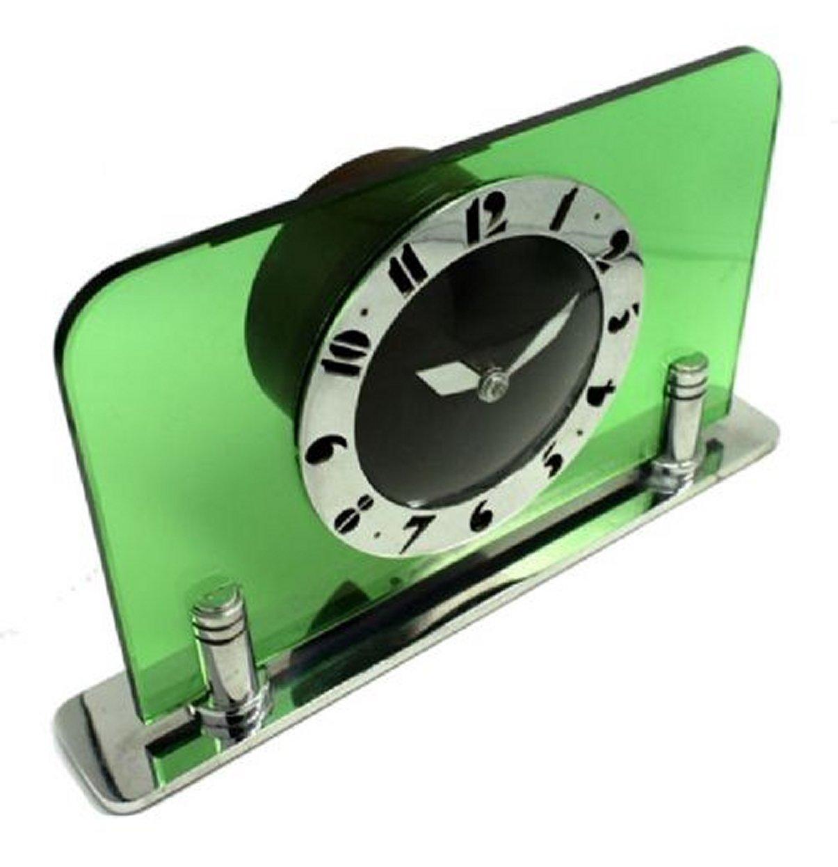 Art Deco Green Glass & Chrome Electric Clock by Smiths, circa 1930 2