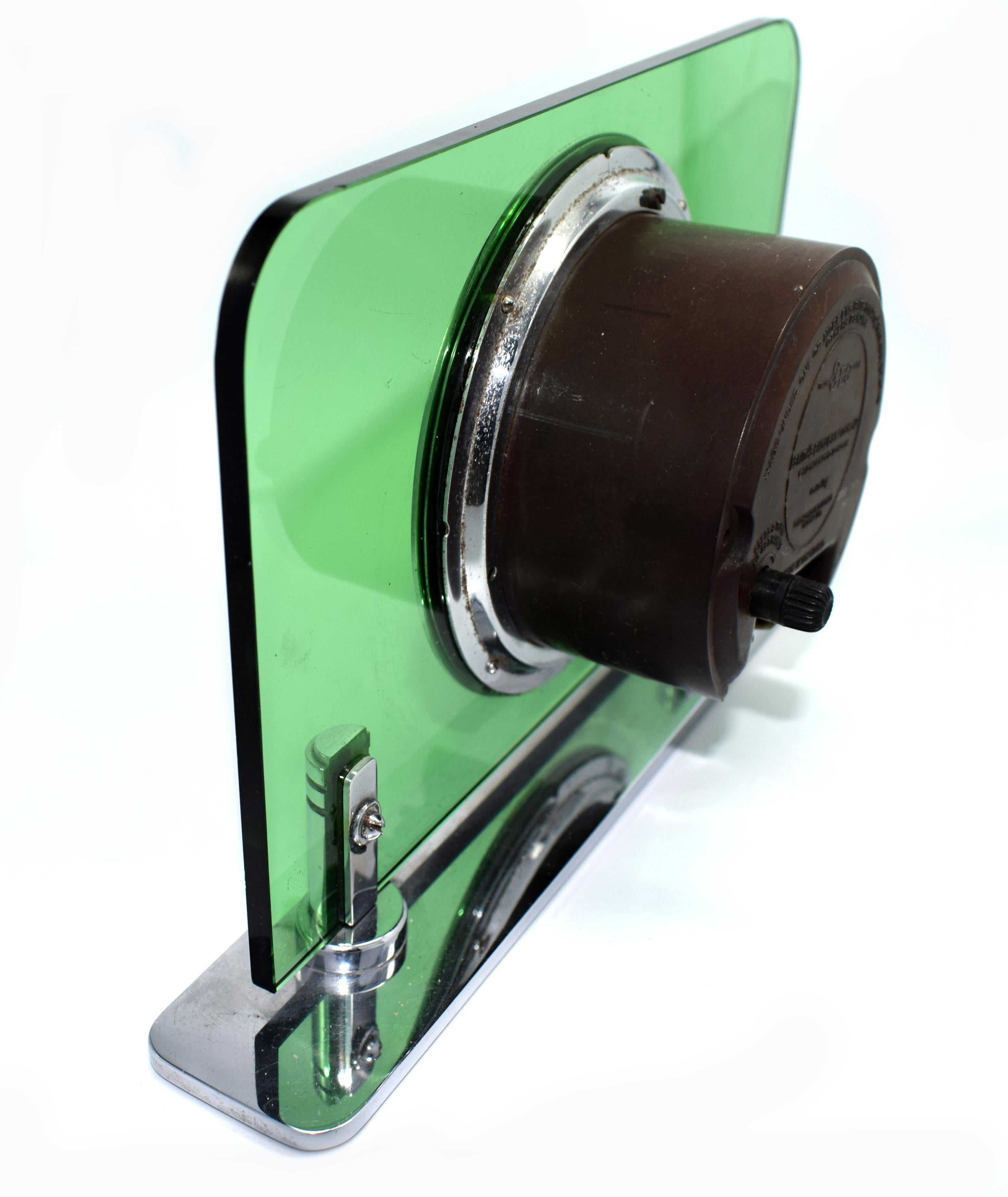 20th Century Art Deco Green Glass & Chrome Electric Clock by Smiths, circa 1930