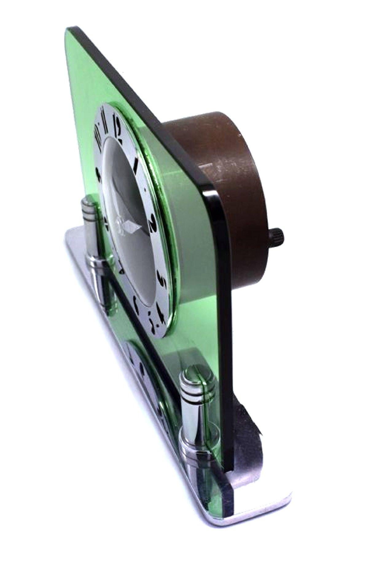 Art Deco Green Glass & Chrome Electric Clock by Smiths, circa 1930 3