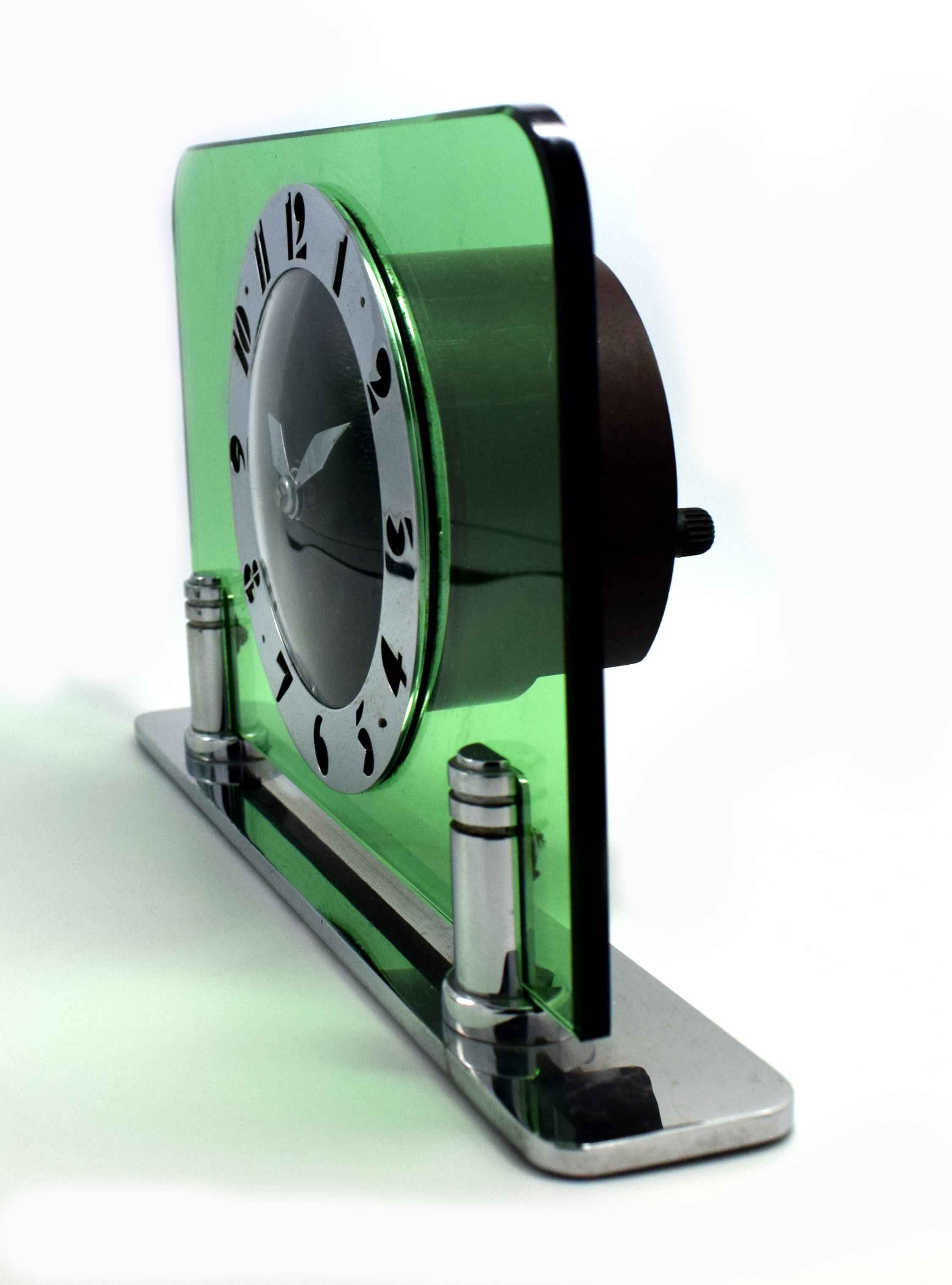 Art Deco Green Glass & Chrome Electric Clock by Smiths, circa 1930 1