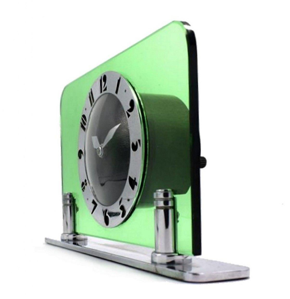 Art Deco Green Glass & Chrome Electric Clock by Smiths, circa 1930 4