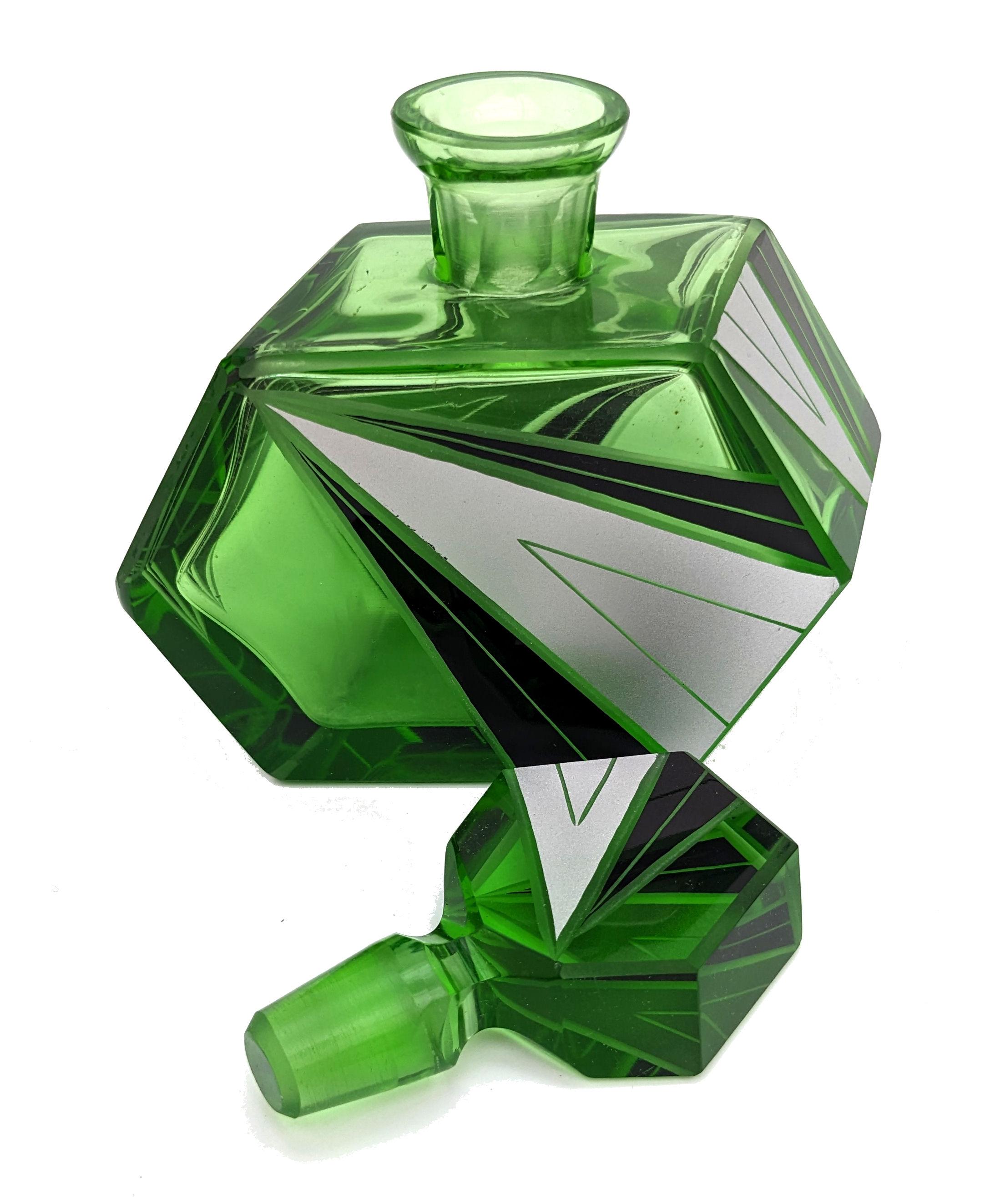 Czech Art Deco Green Glass & Enamel Perfume Bottle, c1930