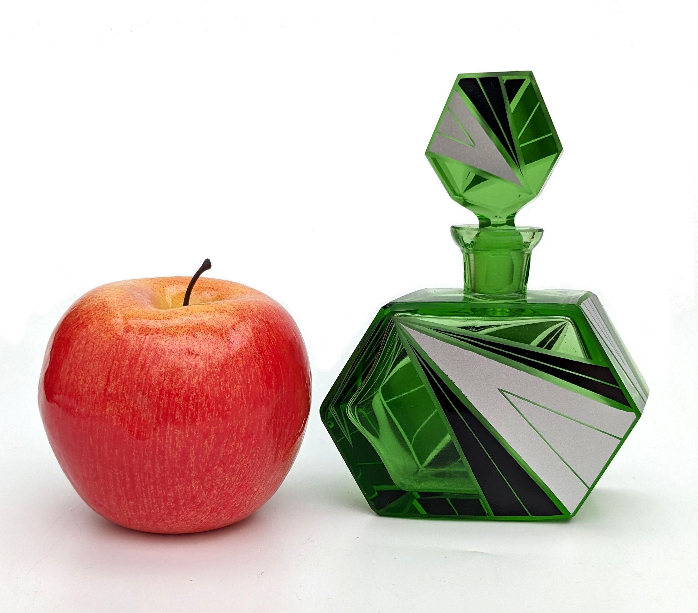 20th Century Art Deco Green Glass & Enamel Perfume Bottle, c1930