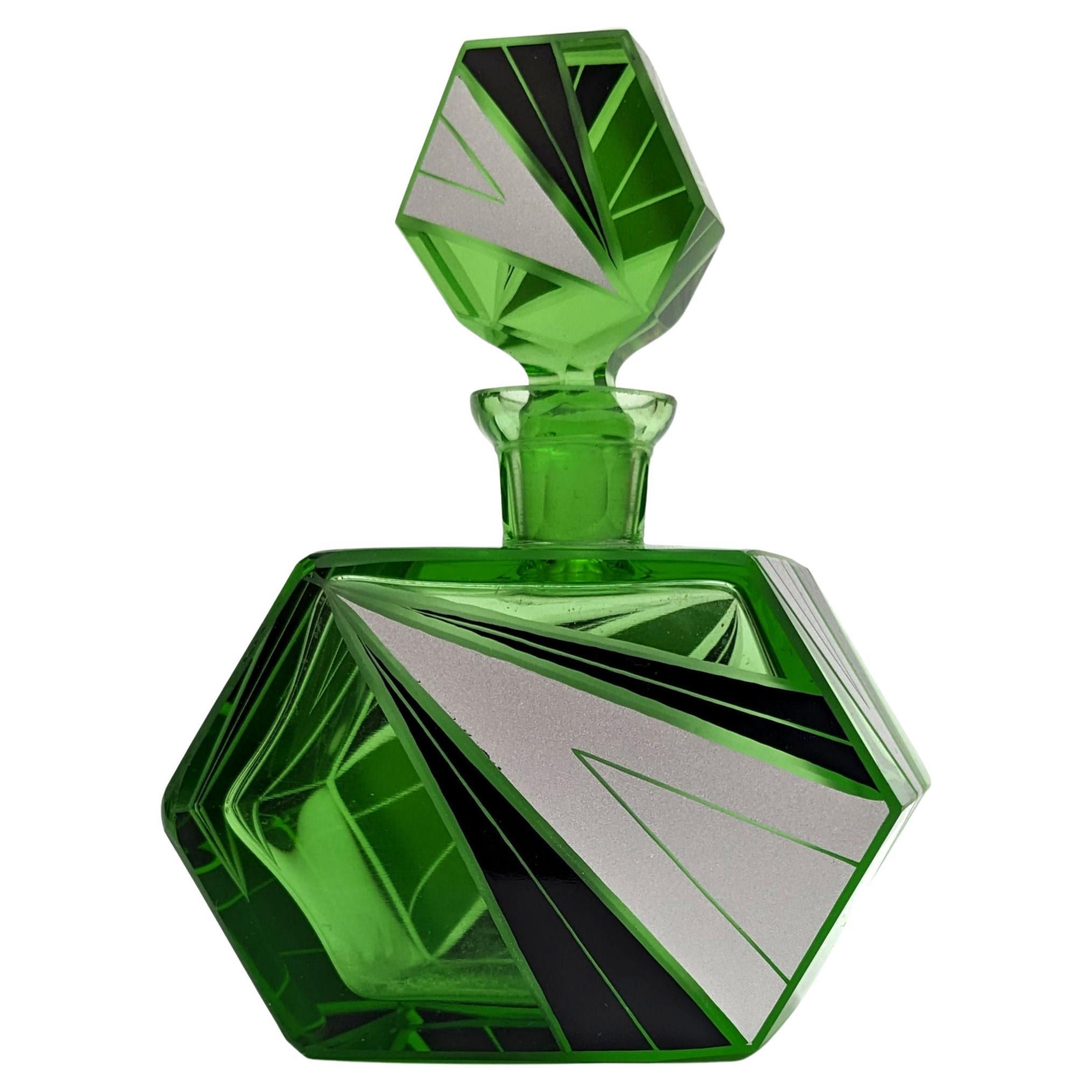 Art Deco Green Glass & Enamel Perfume Bottle, c1930