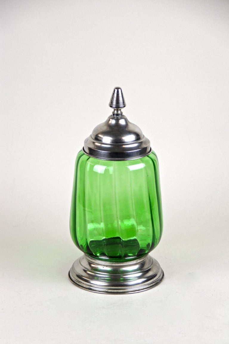 Art Deco Green Glass Jar/ Punch Bowl with Lid, Austria, circa 1920 For