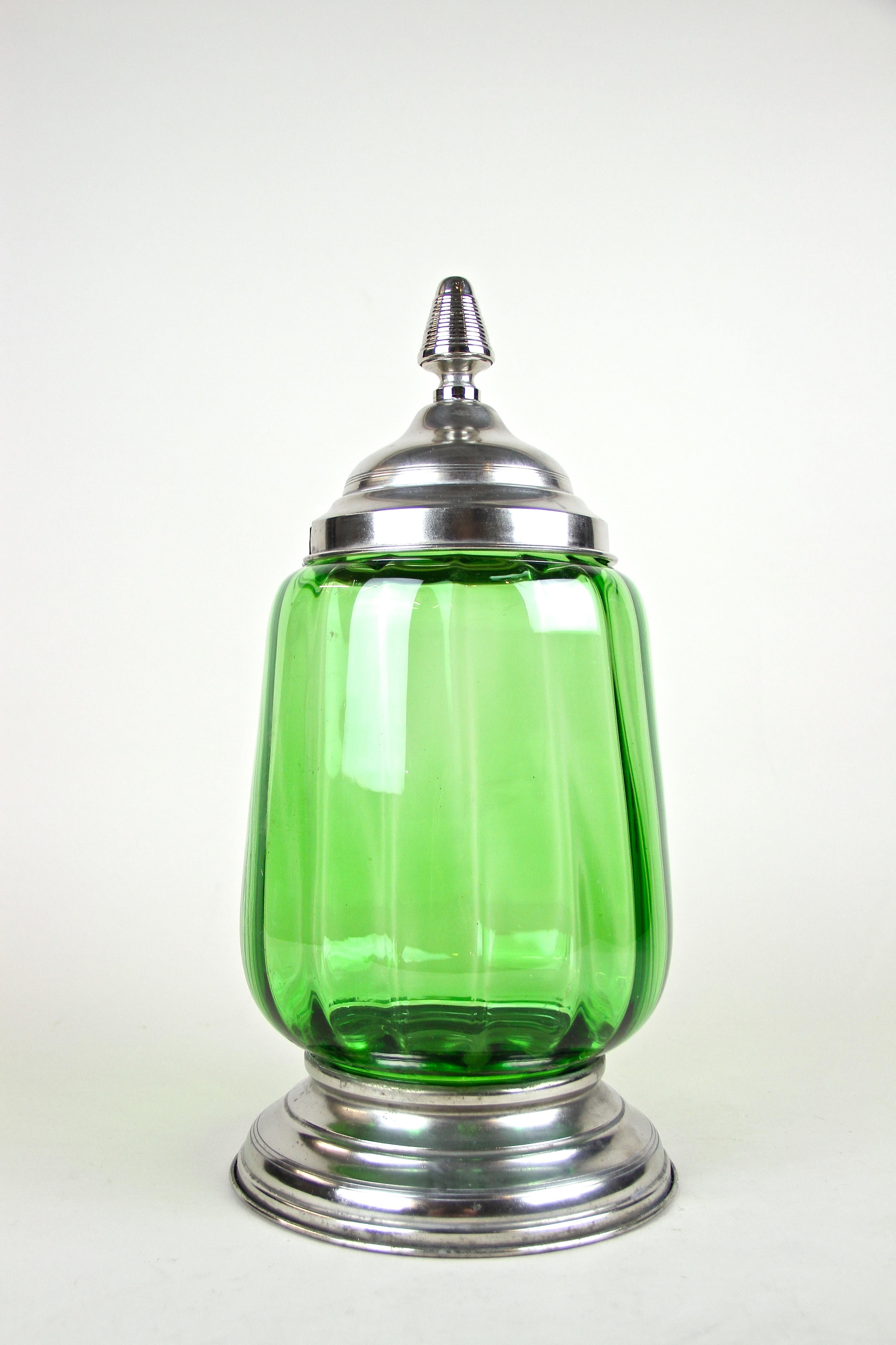Austrian Art Deco Green Glass Jar/ Punch Bowl with Lid, Austria, circa 1920