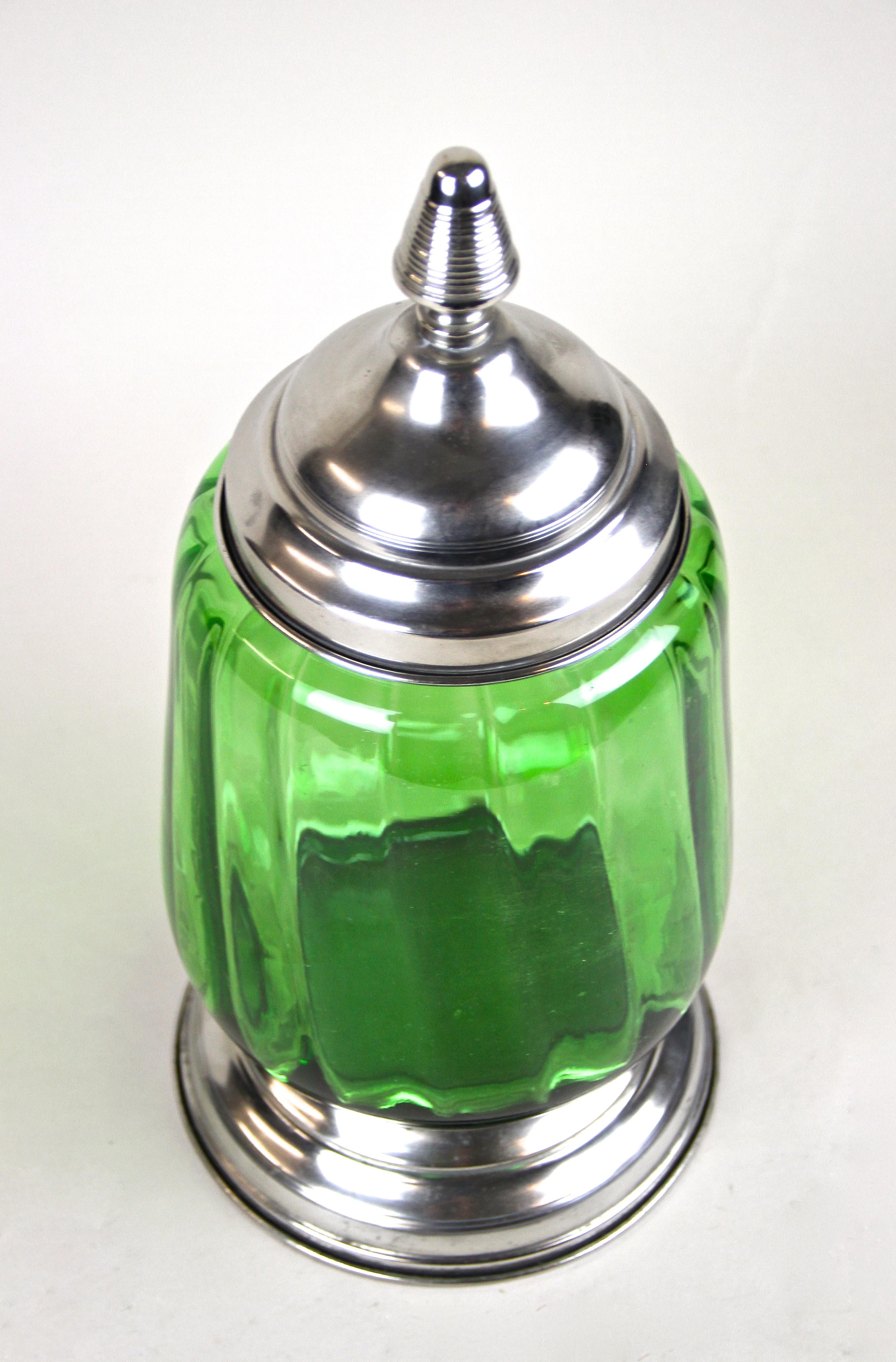 Metal Art Deco Green Glass Jar/ Punch Bowl with Lid, Austria, circa 1920