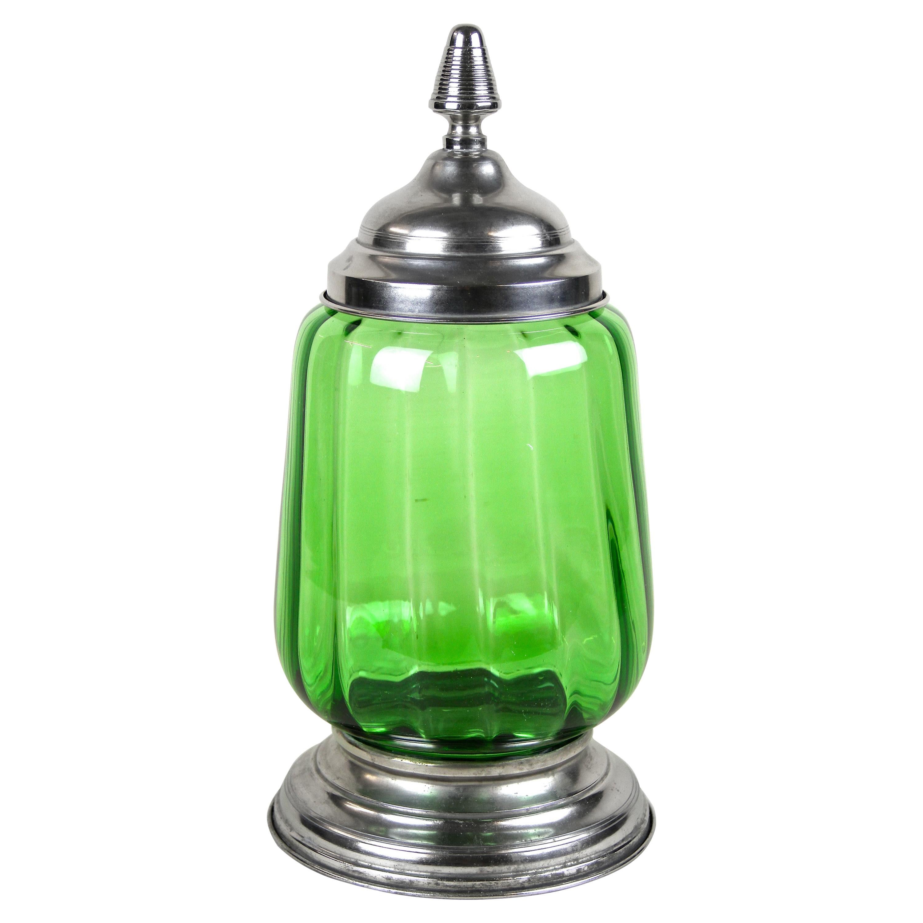 Art Deco Green Glass Jar/ Punch Bowl with Lid, Austria, circa 1920
