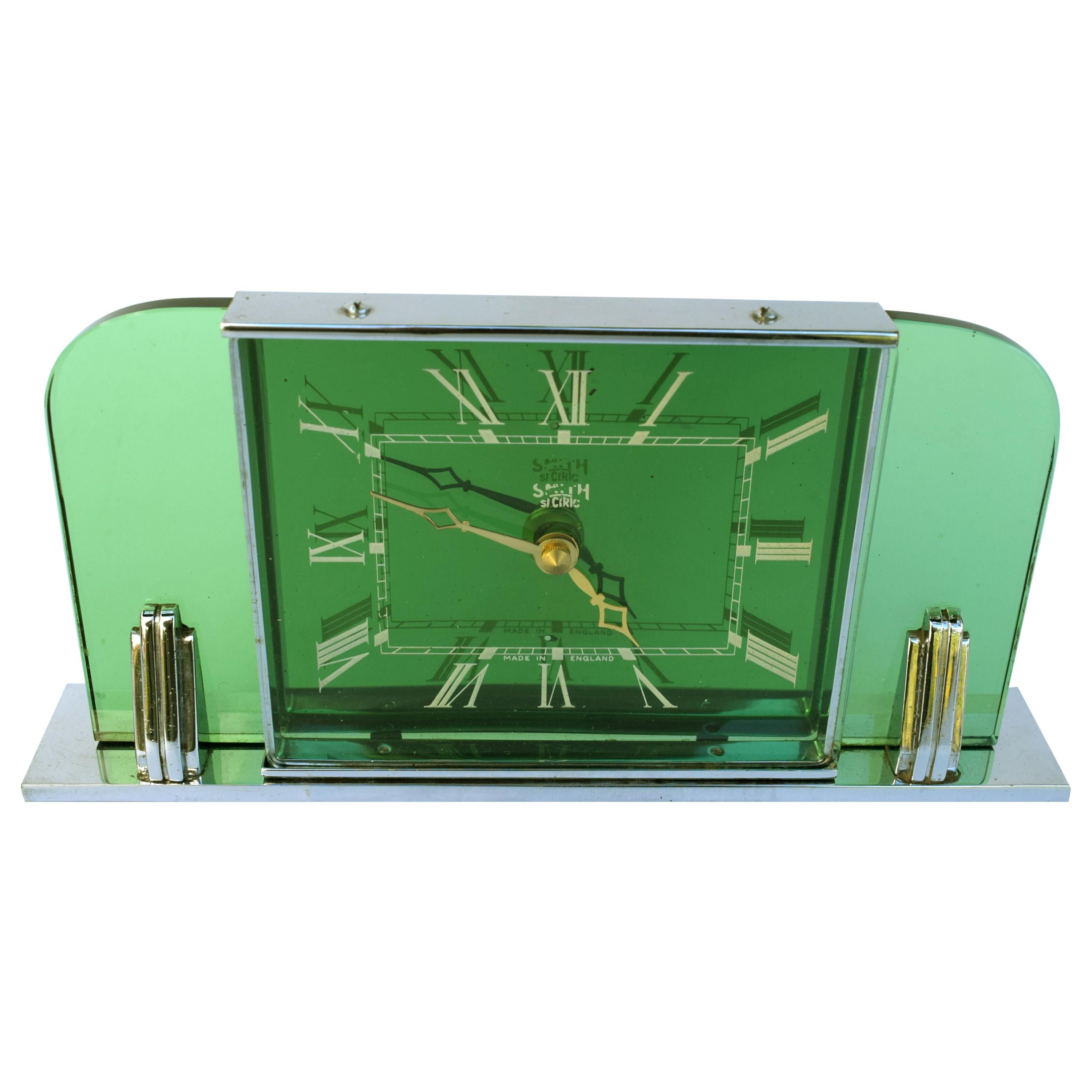 Art Deco Green Glass, Mirror and Chrome Clock by Smiths Clockmakers, circa 1930