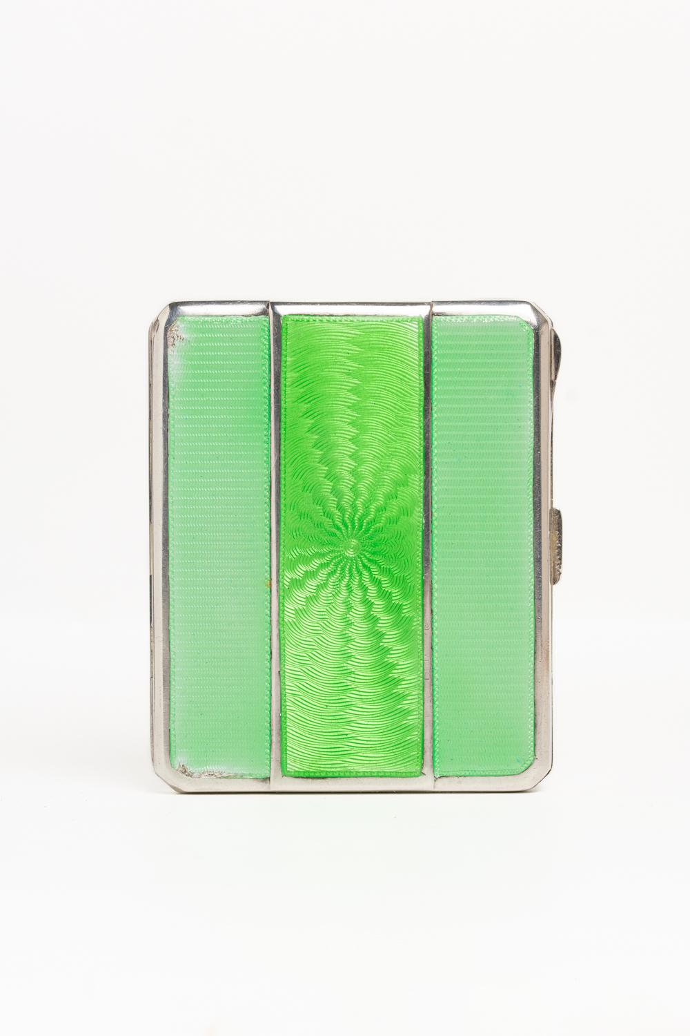 Art Deco Green Guilloche Enamel Cigarette Case by Mappin & Webb In Good Condition In Portland, England