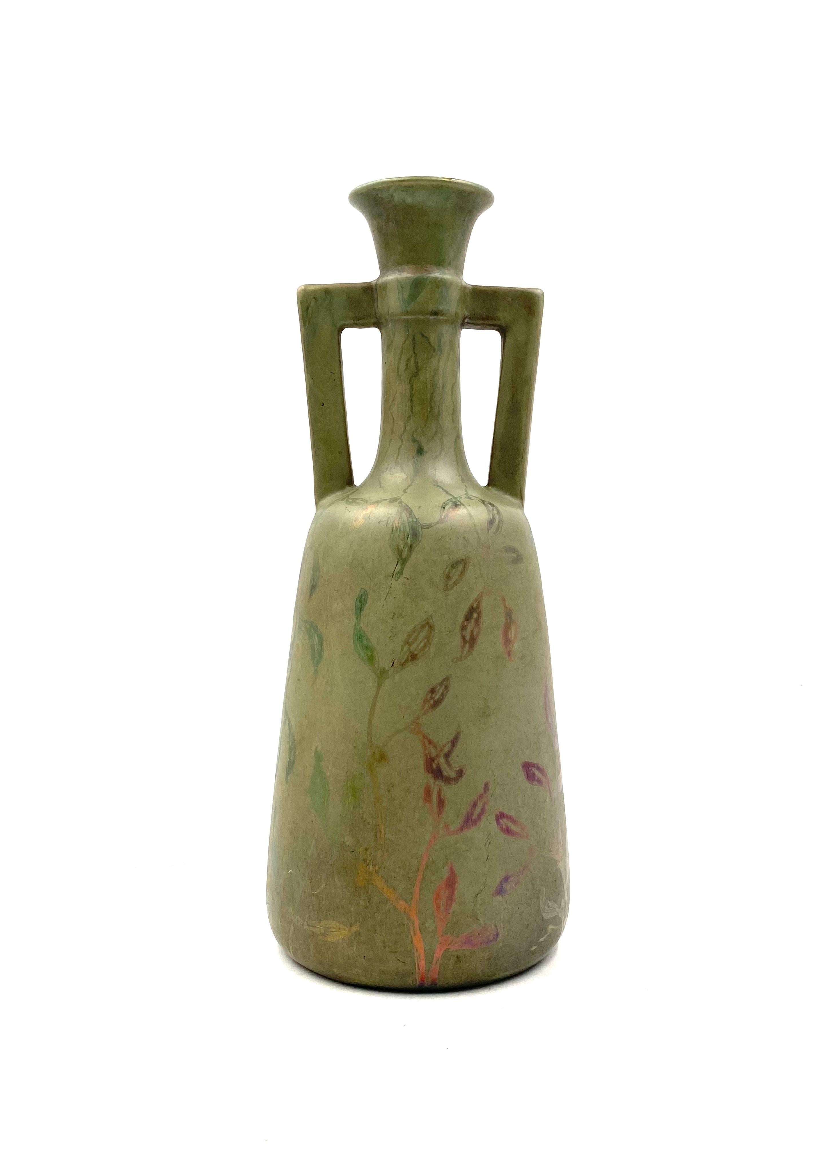 Céramique Vase Art Déco vert irisé, Montieres France années 1930 en vente