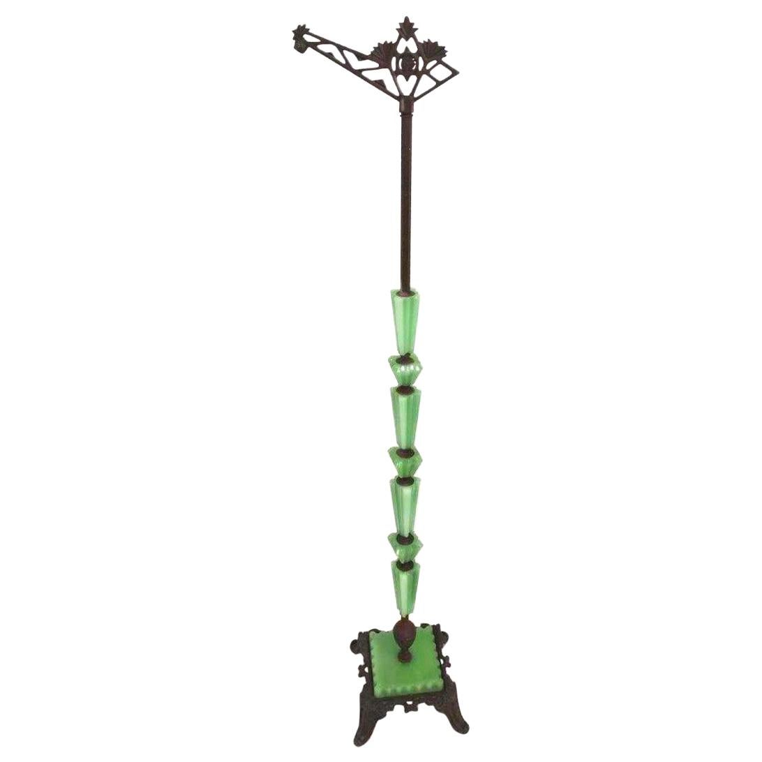 Art Deco Green Jadite and Metal Floor Bridge Lamp, Art Nouveau Emerald Bronze
