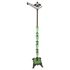Antique Art Deco Green Jadite and Metal Floor Bridge Lamp, Art Nouveau Emerald Bronze