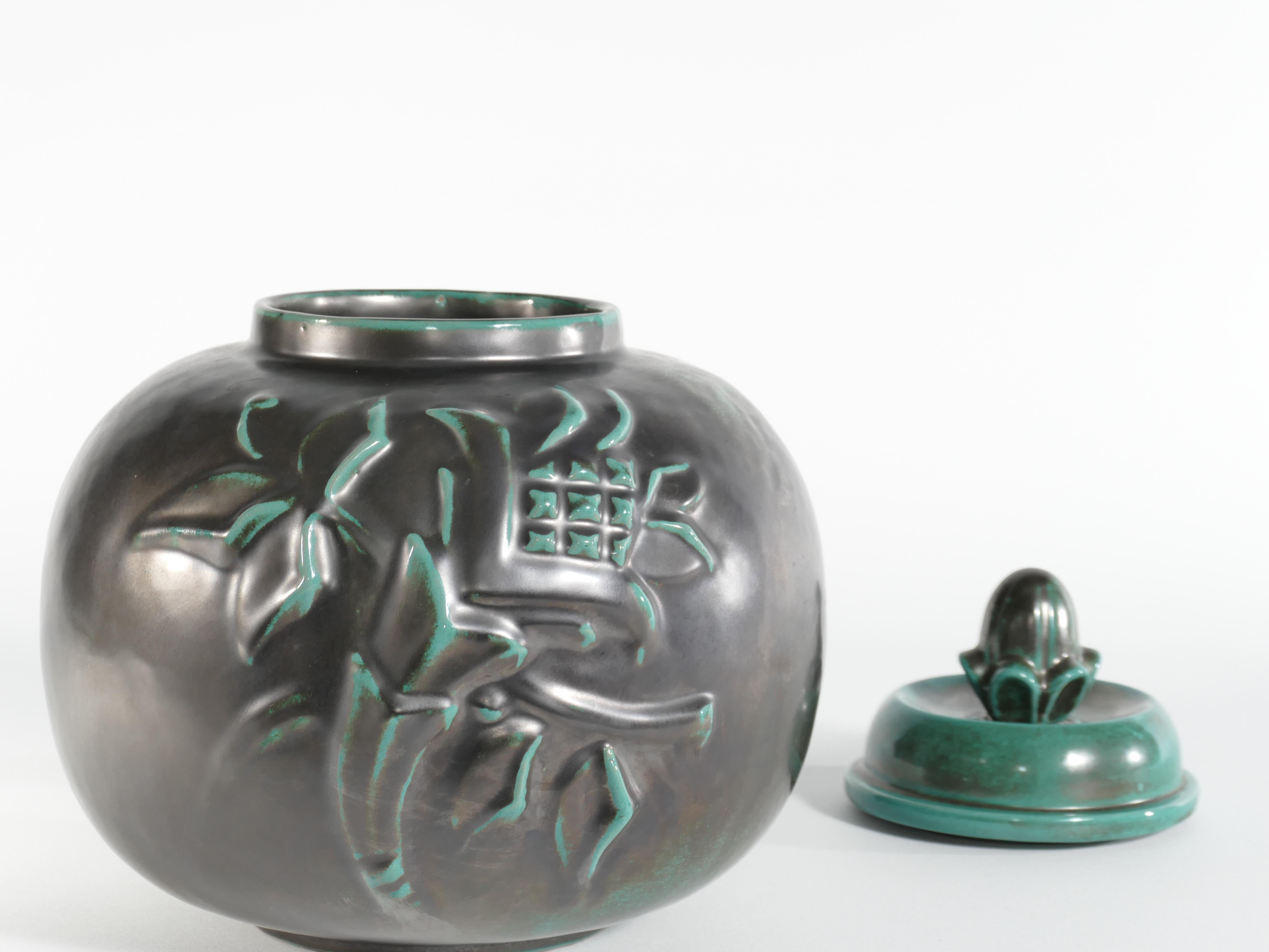 Earthenware Large Art Deco Green Lidded Jar by Anna-Lisa Thomson for Upsala-Ekeby, 1930's For Sale