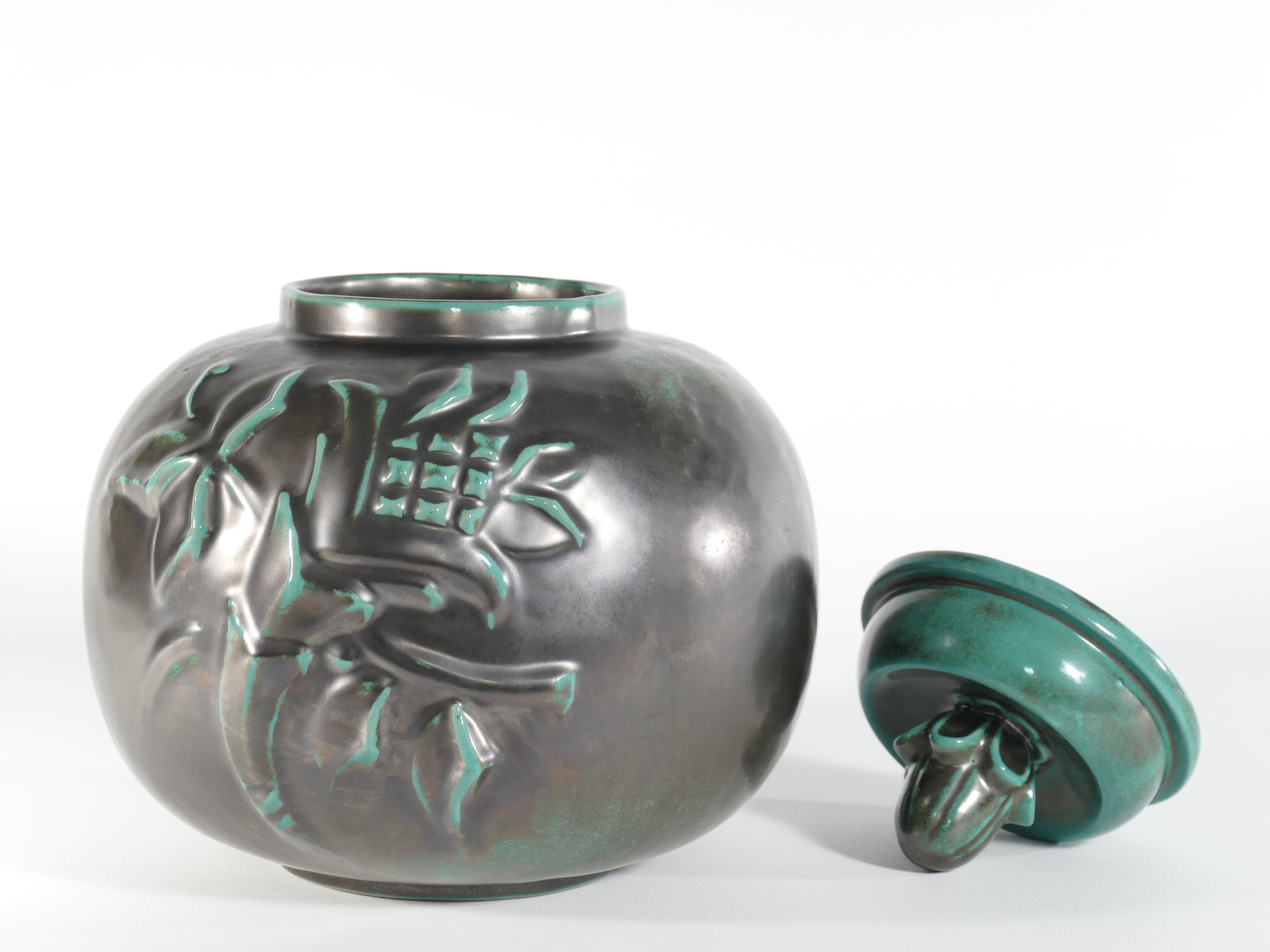 Grand pot à couvercle vert Art Déco d'Anna-Lisa Thomson pour Upsala-Ekeby, années 1930 en vente 1