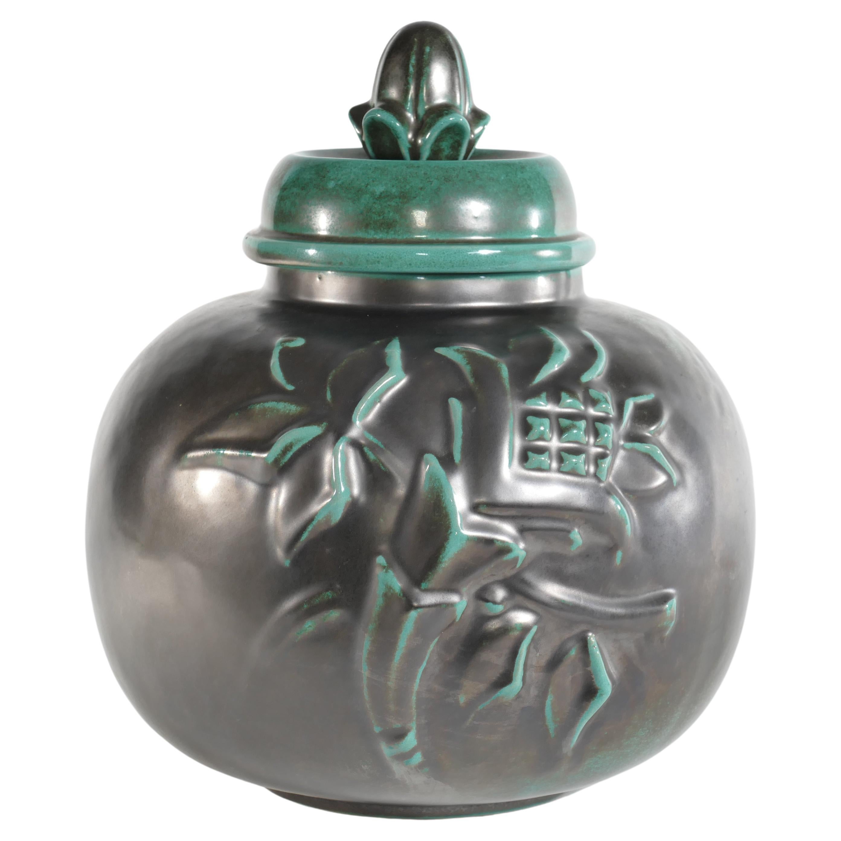 Grand pot à couvercle vert Art Déco d'Anna-Lisa Thomson pour Upsala-Ekeby, années 1930 en vente