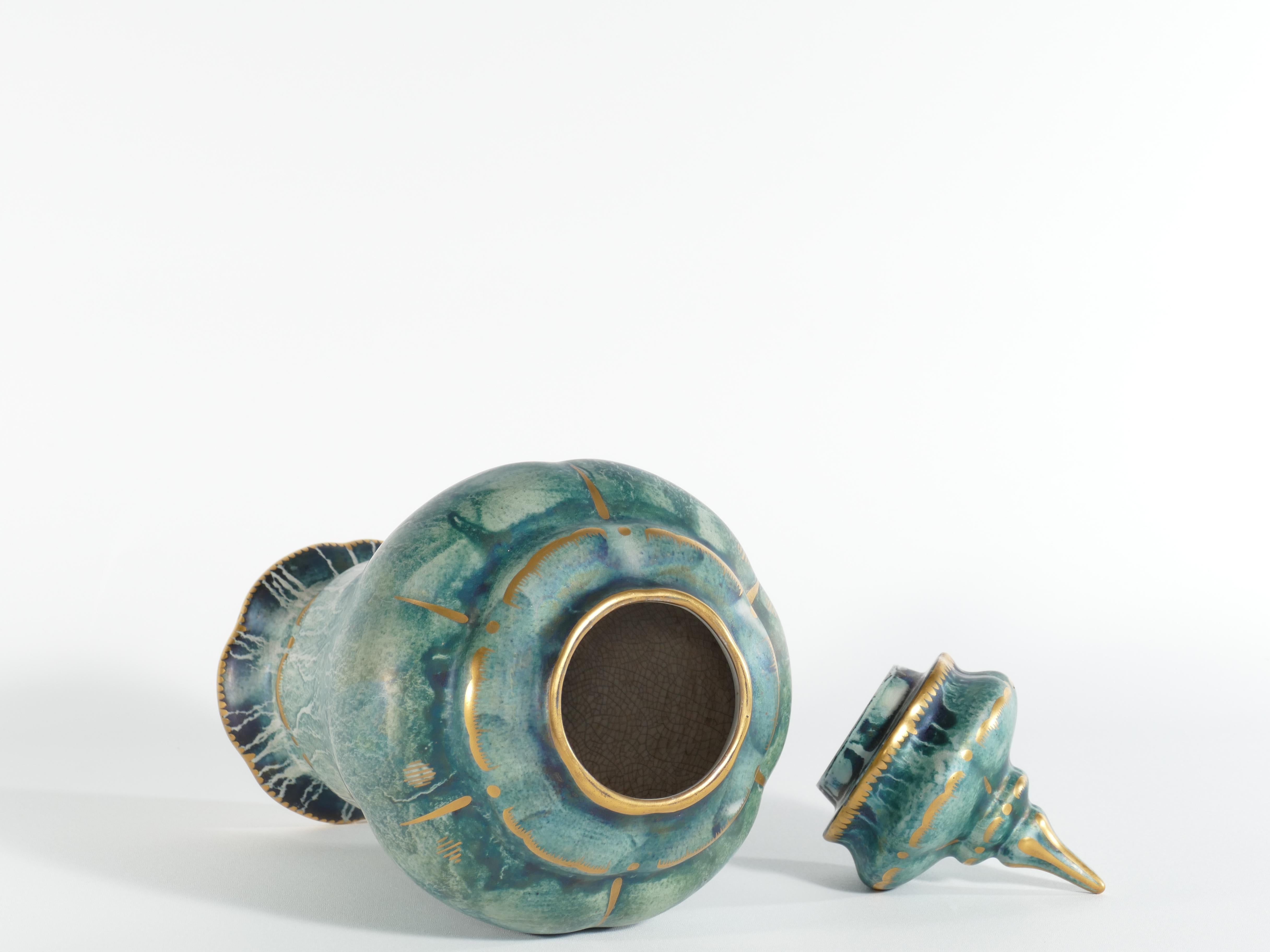 Grüne Art-Déco-Vase mit Lüsterglasur und Deckel von Josef Ekberg Gustavsberg, 1920er Jahre im Angebot 2
