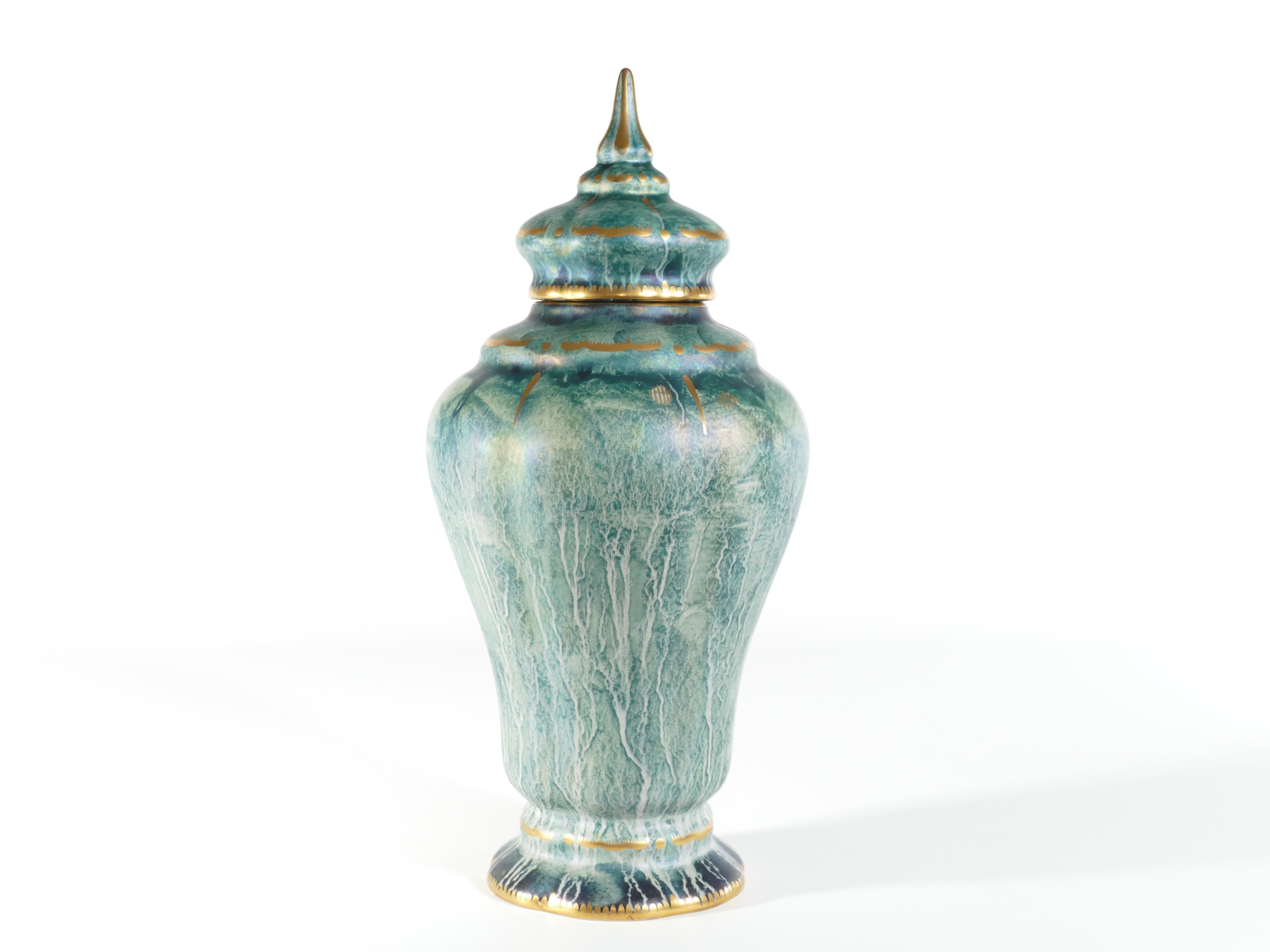 Swedish Art Deco Green Lustre Glaze Lidded Vase by Josef Ekberg Gustavsberg, 1920's For Sale