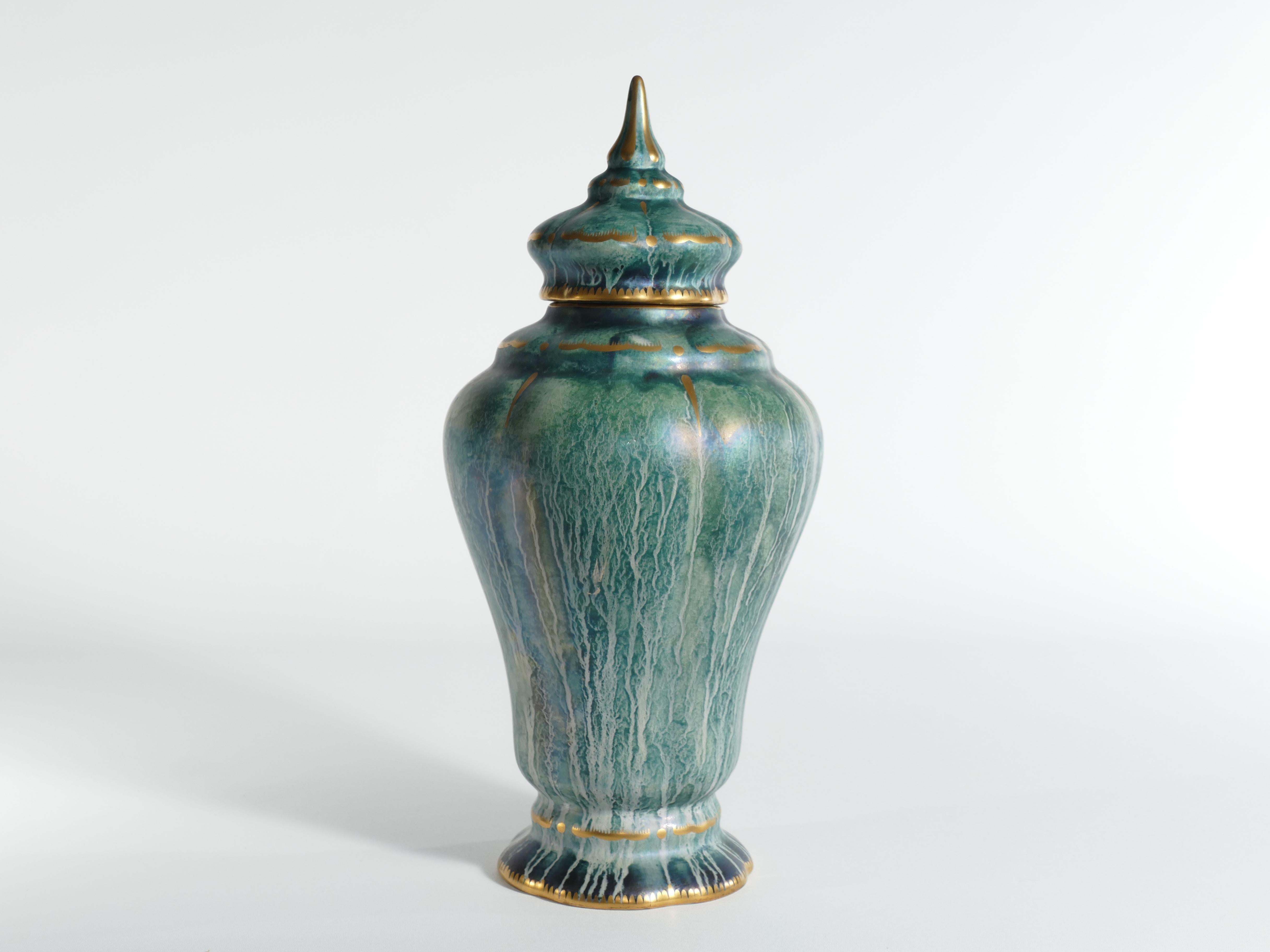 Early 20th Century Art Deco Green Lustre Glaze Lidded Vase by Josef Ekberg Gustavsberg, 1920's For Sale