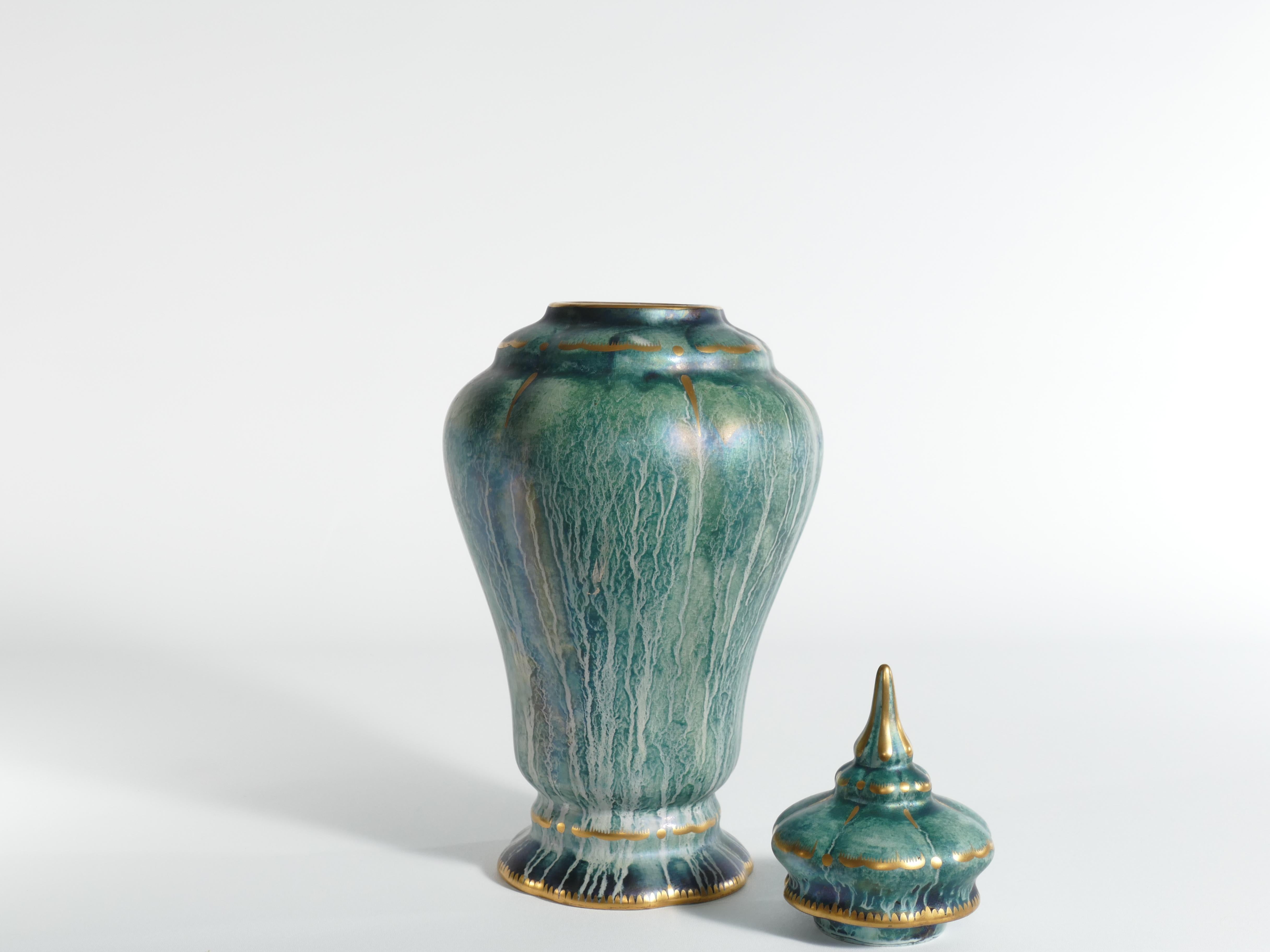 Earthenware Art Deco Green Lustre Glaze Lidded Vase by Josef Ekberg Gustavsberg, 1920's For Sale