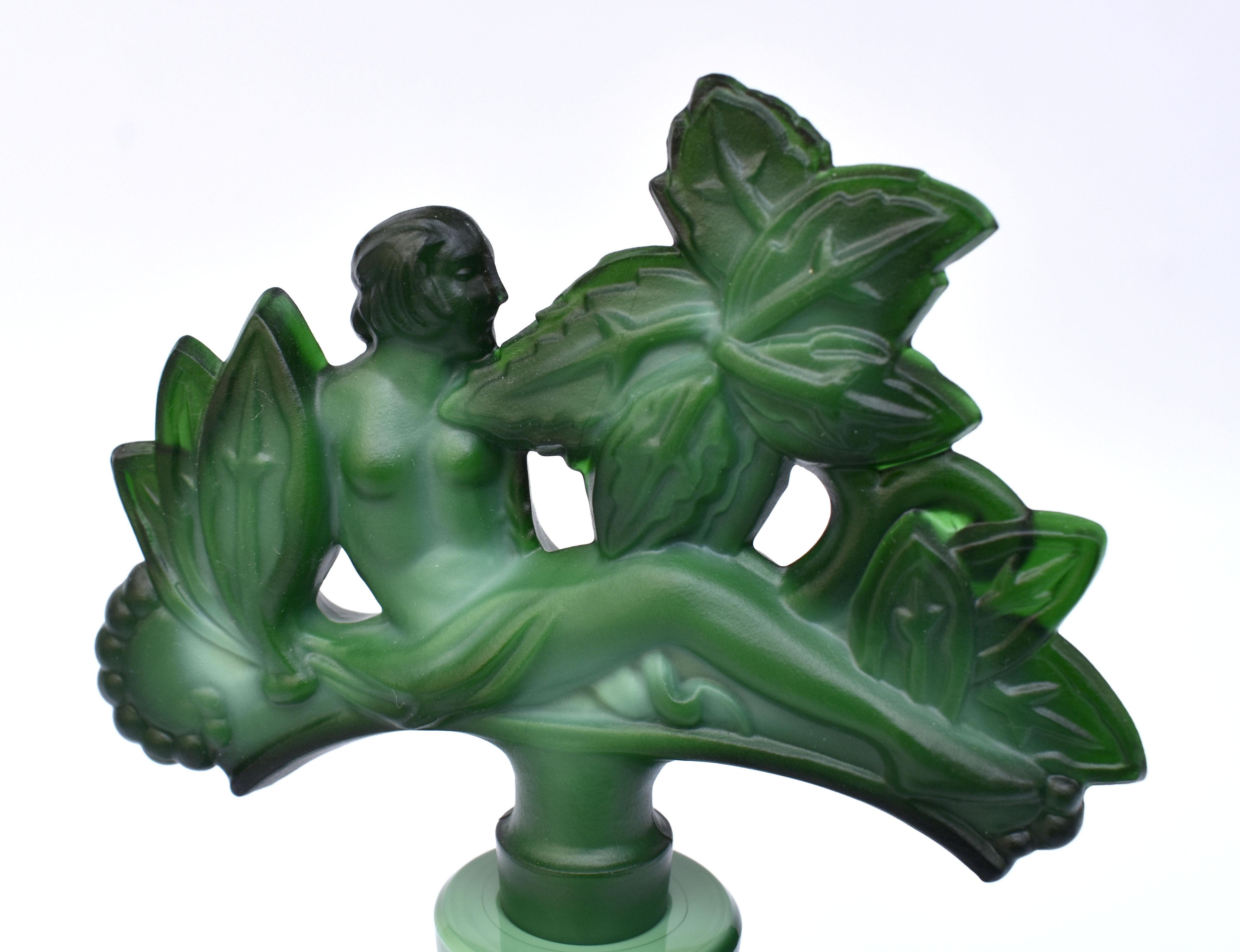 Czech Art Deco Green Malachite Glass Figural Perfume Bottle For Sale