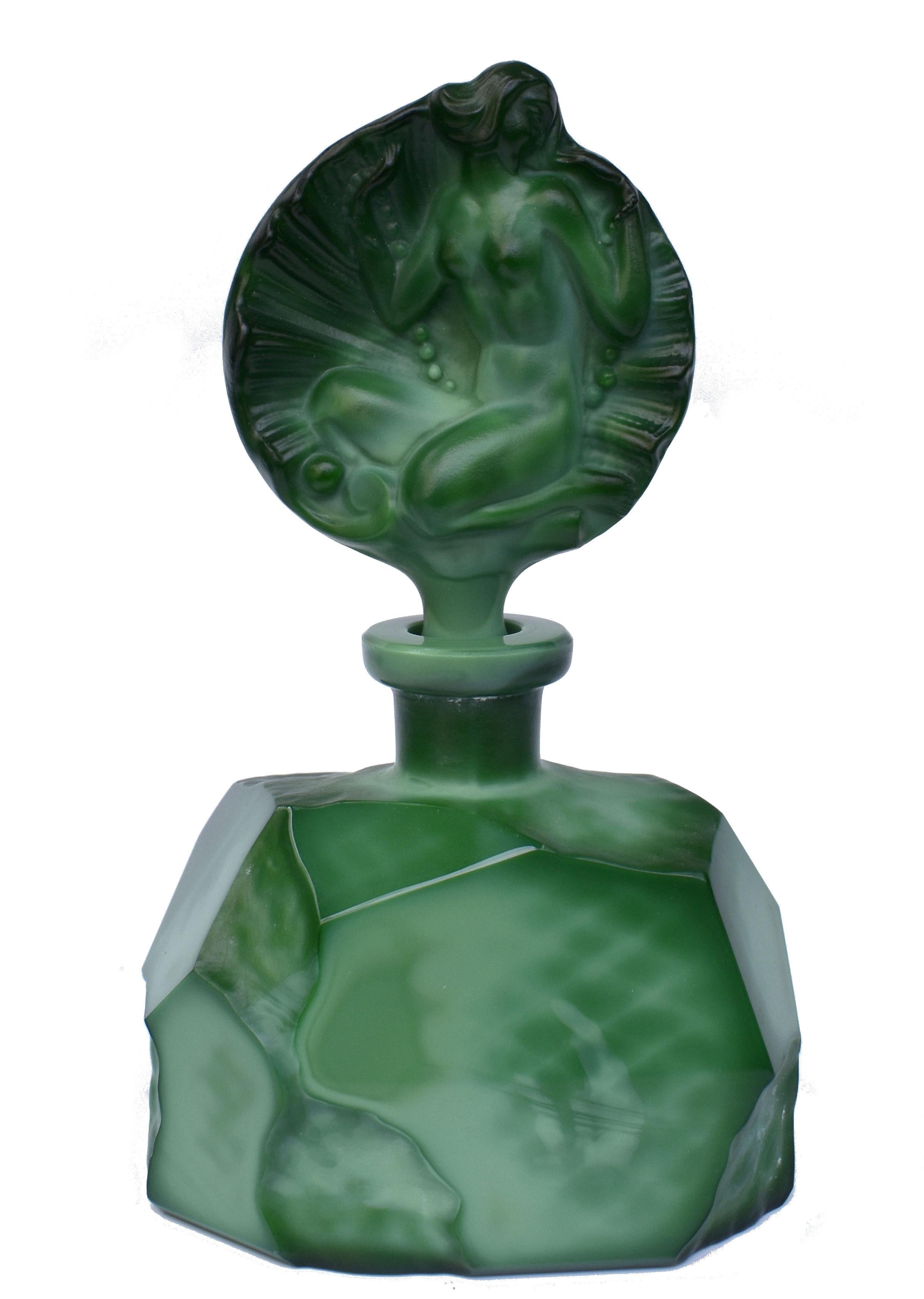 Czech Art Deco Green Malachite Glass Figural Perfume Bottle