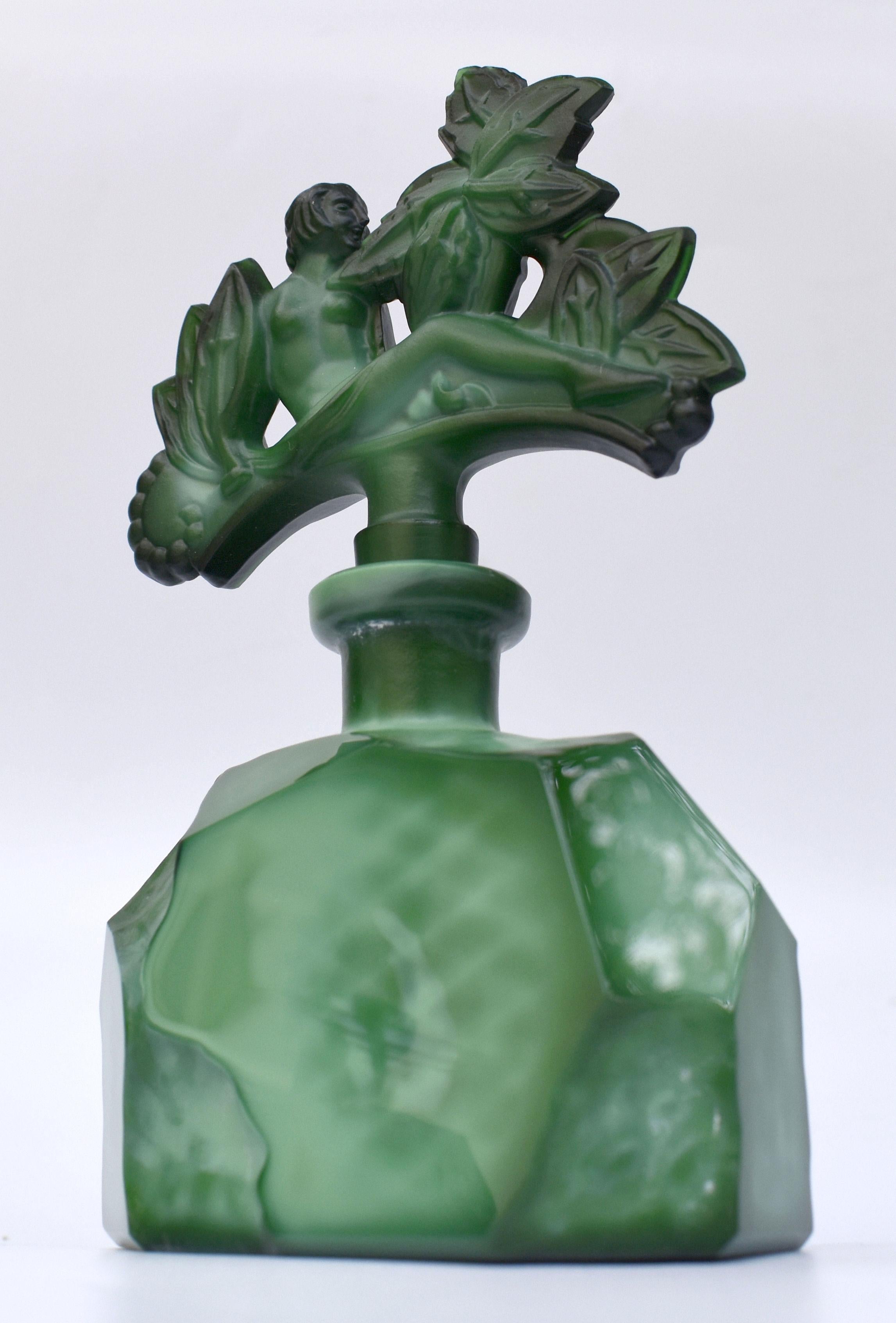 Czech Art Deco Green Malachite Glass Figural Perfume Bottle For Sale