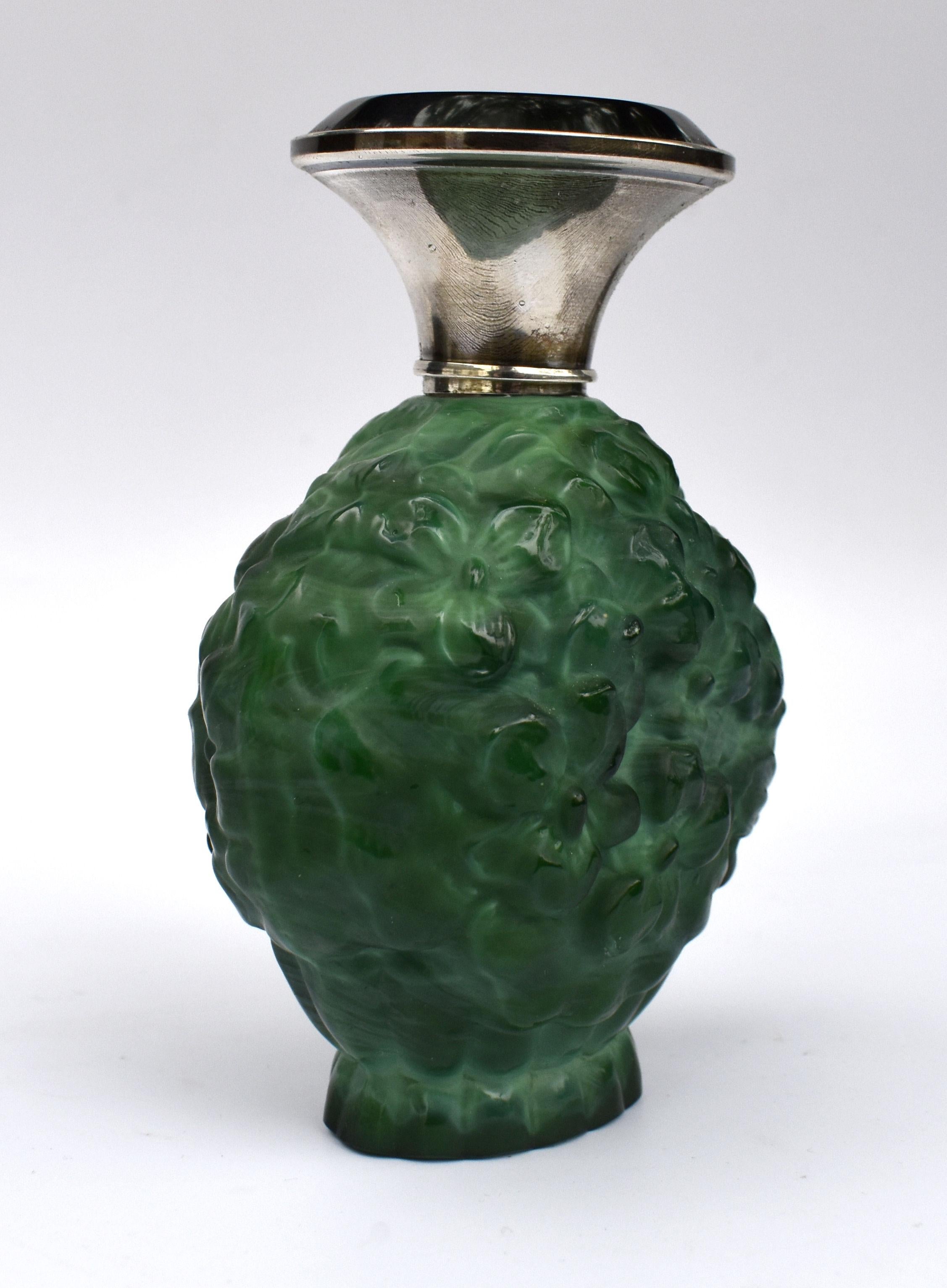 Czech Art Deco Green Malachite Glass & Silver Perfume Bottle, c1930