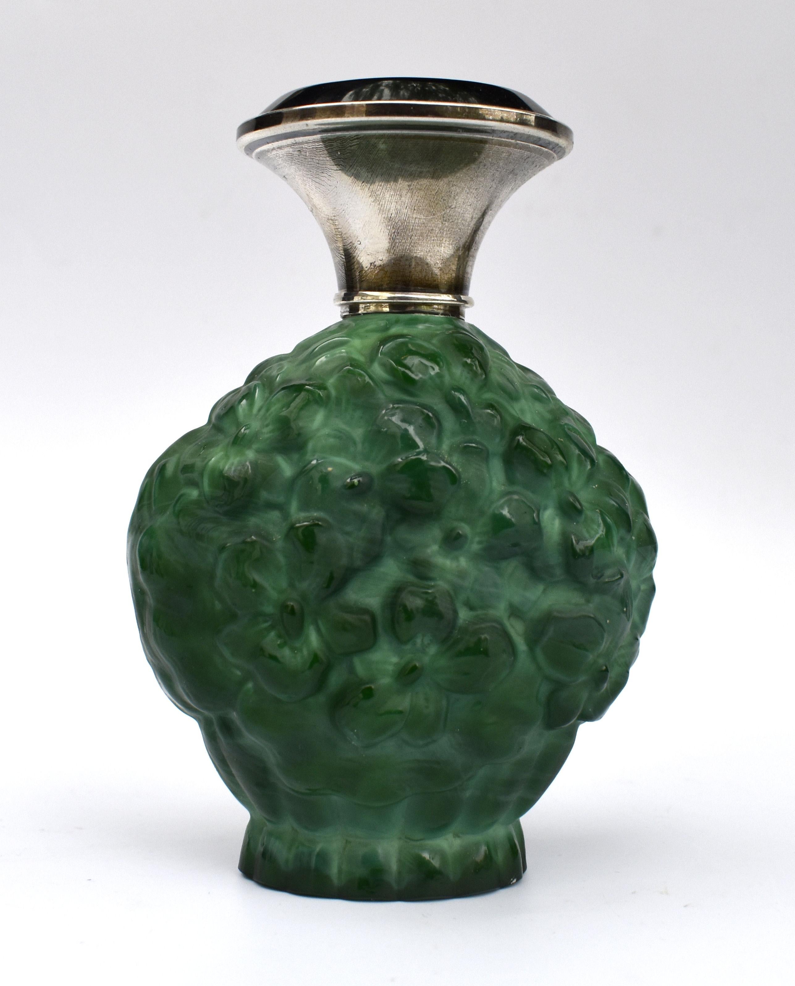 Art Deco Green Malachite Glass & Silver Perfume Bottle, c1930 In Good Condition In Devon, England