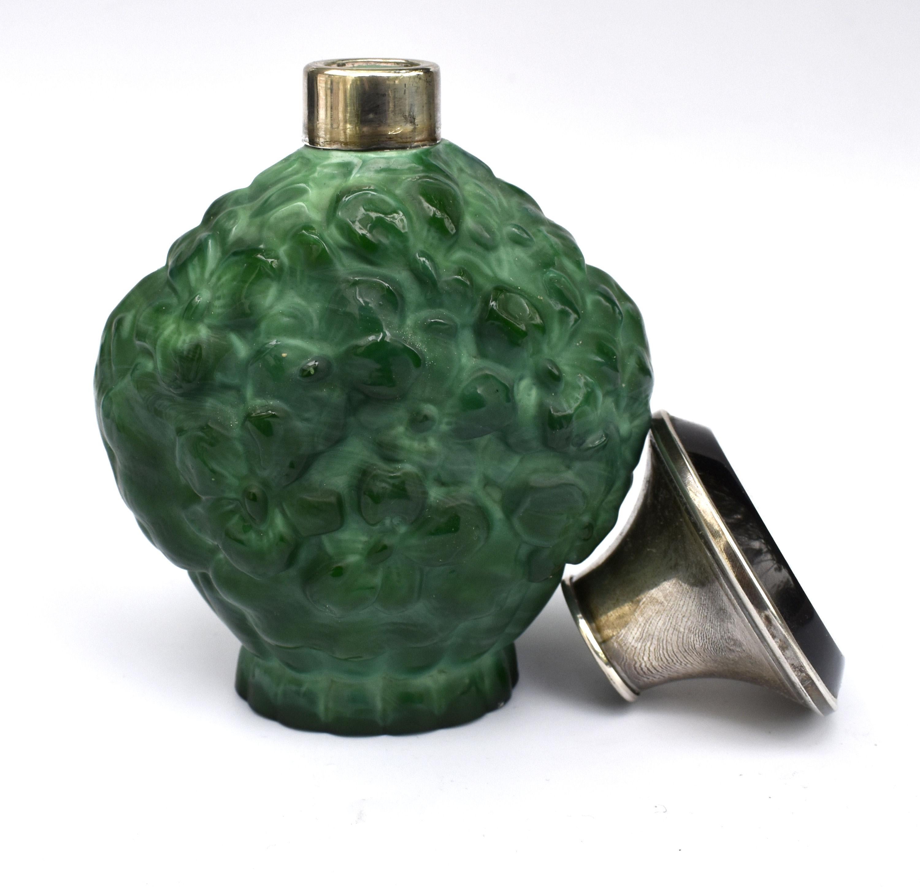 20th Century Art Deco Green Malachite Glass & Silver Perfume Bottle, c1930