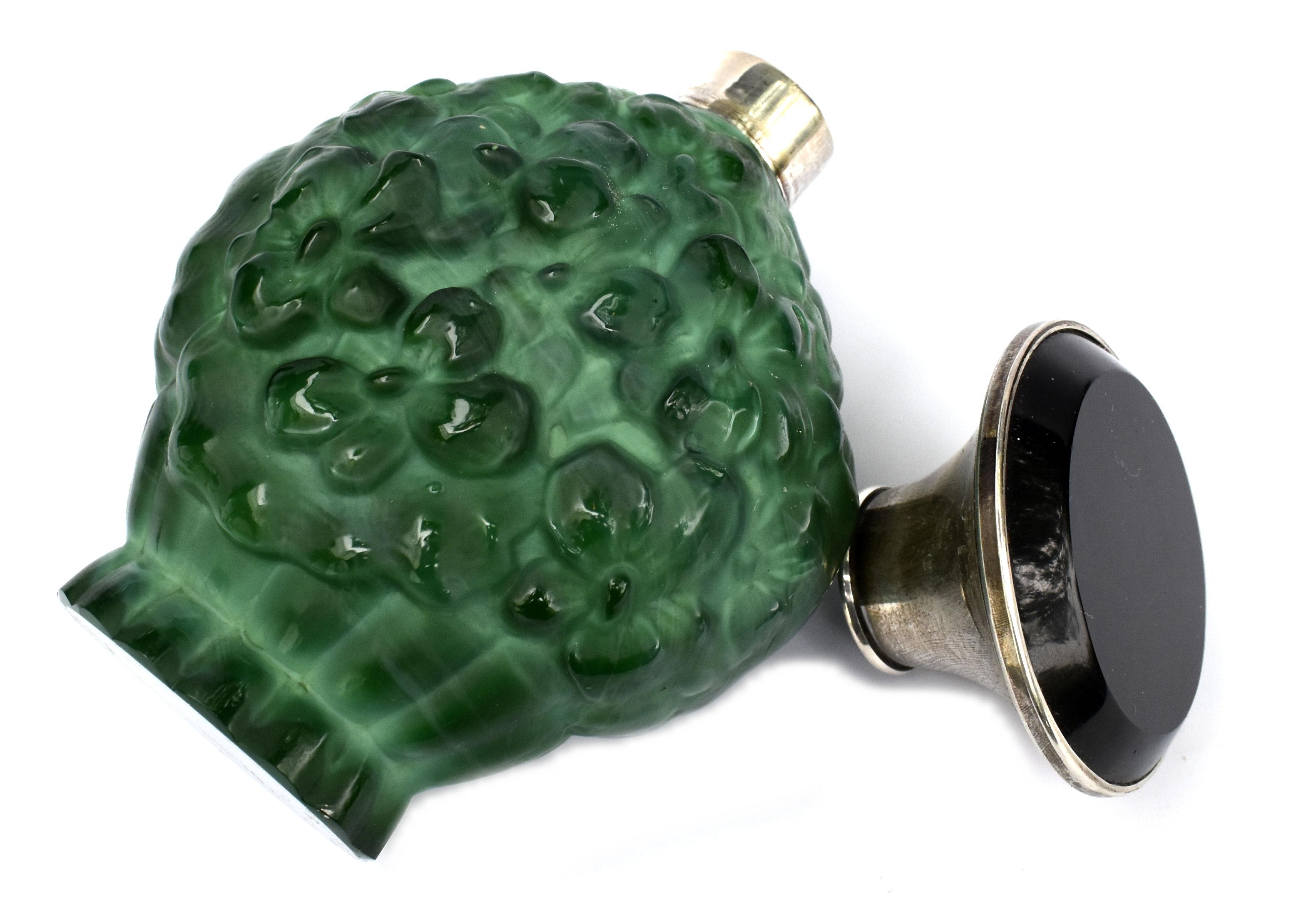Art Deco Green Malachite Glass & Silver Perfume Bottle, c1930 1