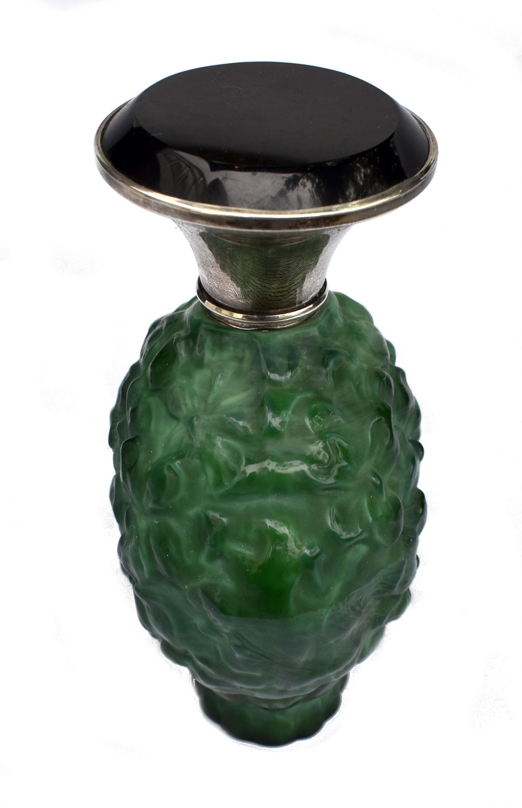 Art Deco Green Malachite Glass & Silver Perfume Bottle, c1930 2